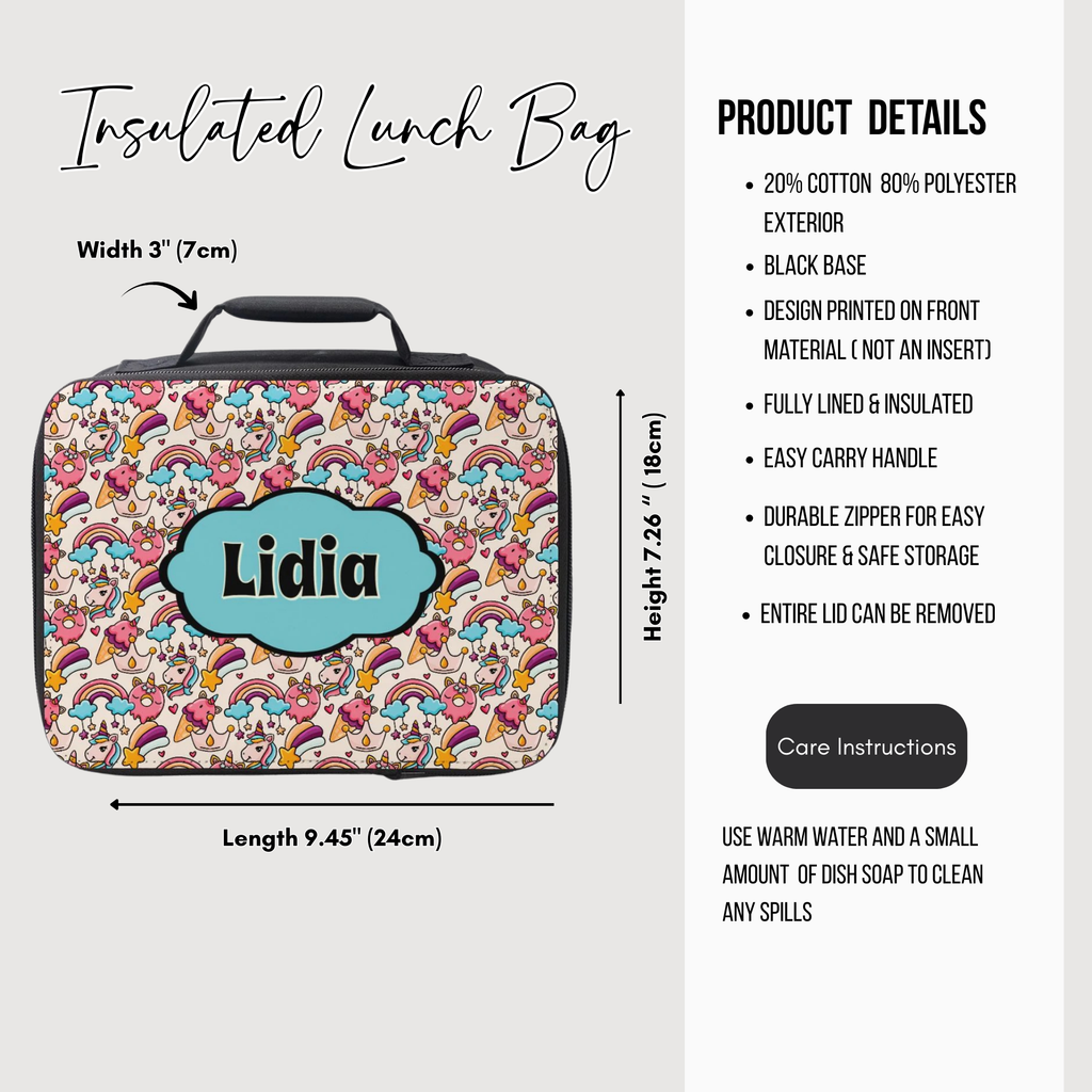 Insulated lunch bag with colorful design and 'Lidia' personalized text, featuring product details on a white background.