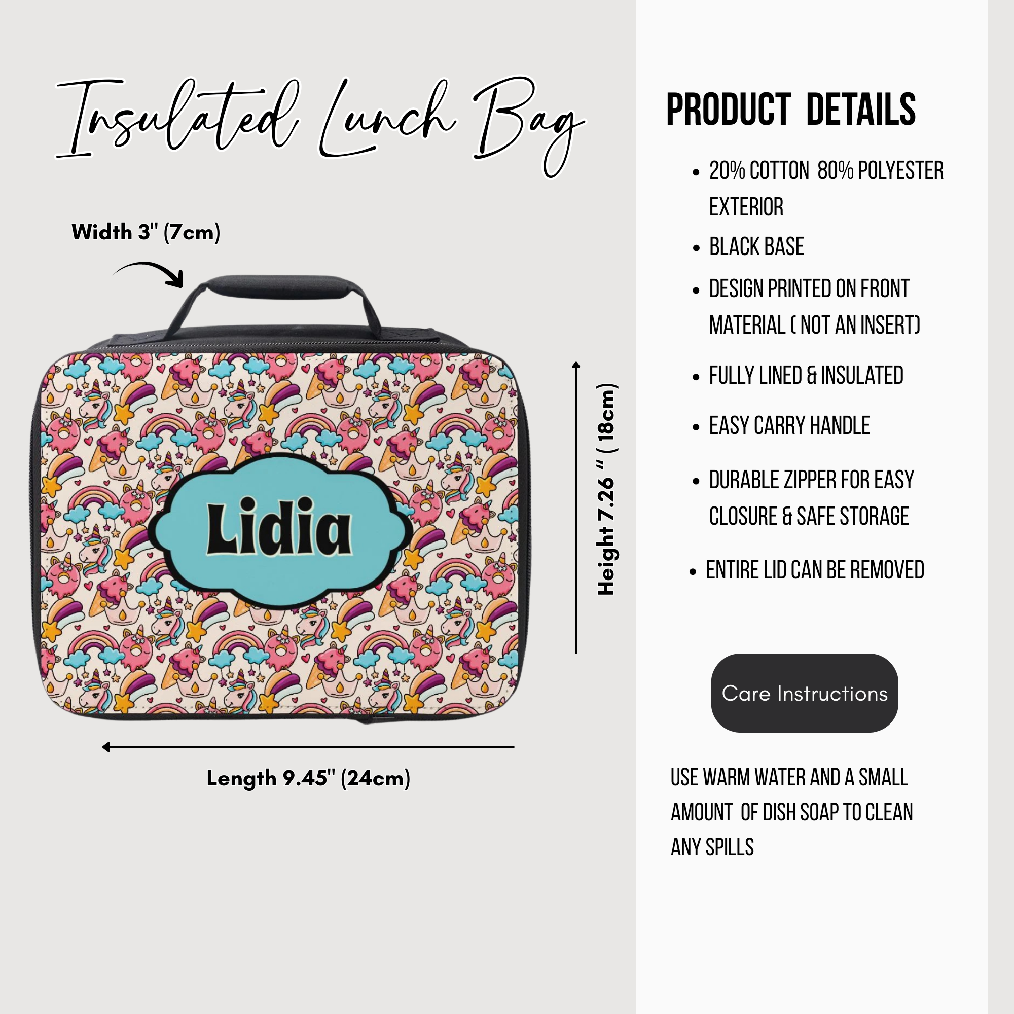 Insulated lunch bag with colorful design and 'Lidia' personalized text, featuring product details on a white background.