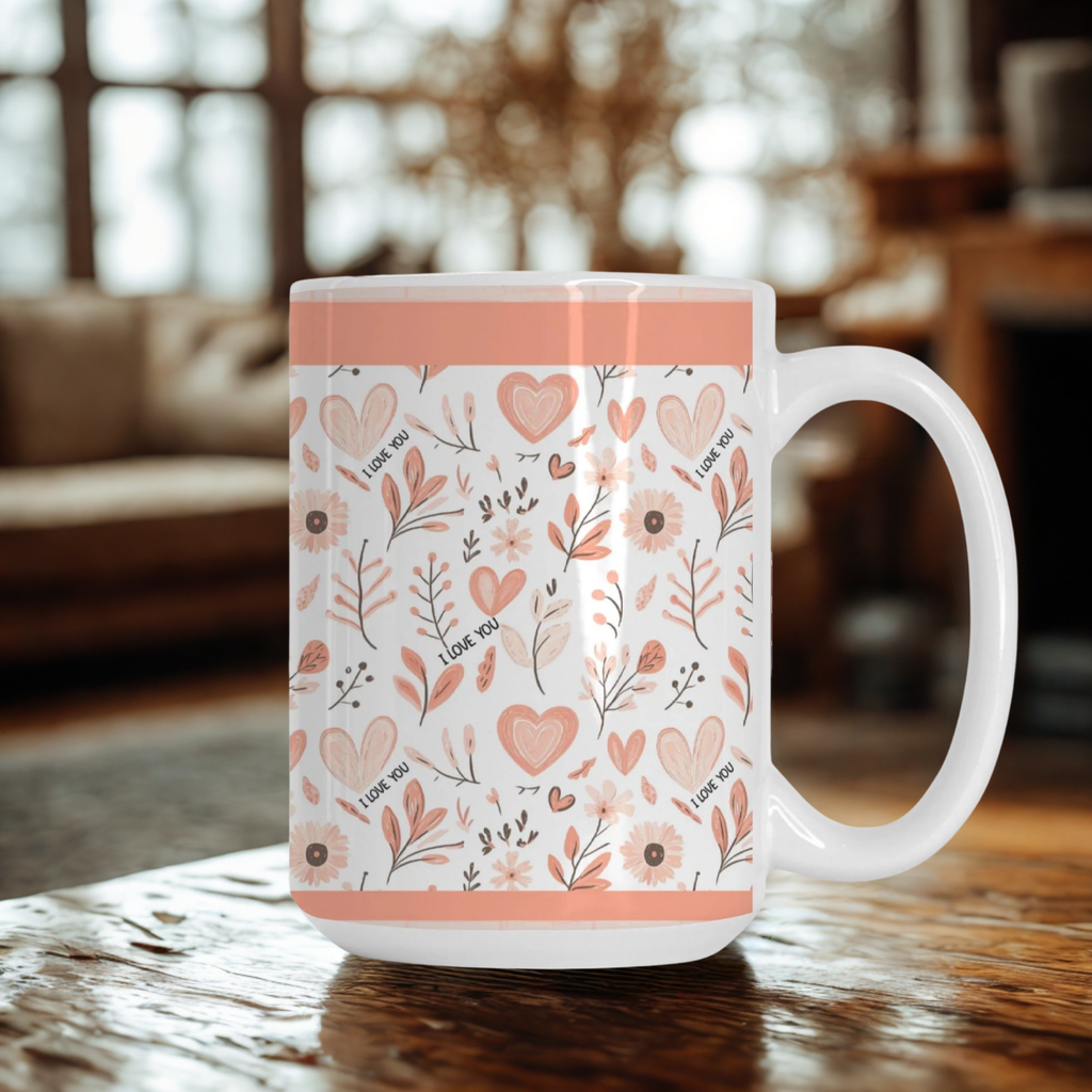 Mug with floral and heart pattern on a wooden table