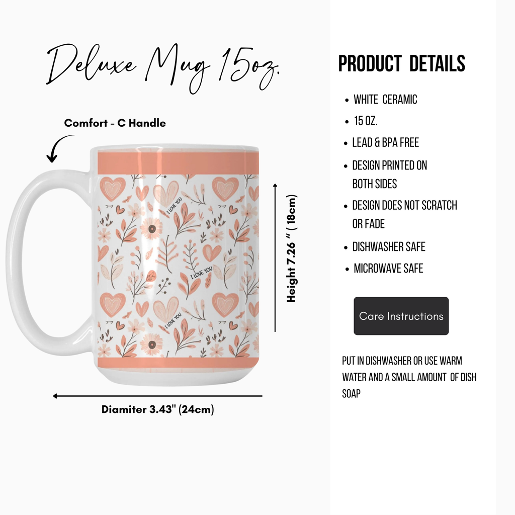 Deluxe mug with floral pattern and product details on a white background
