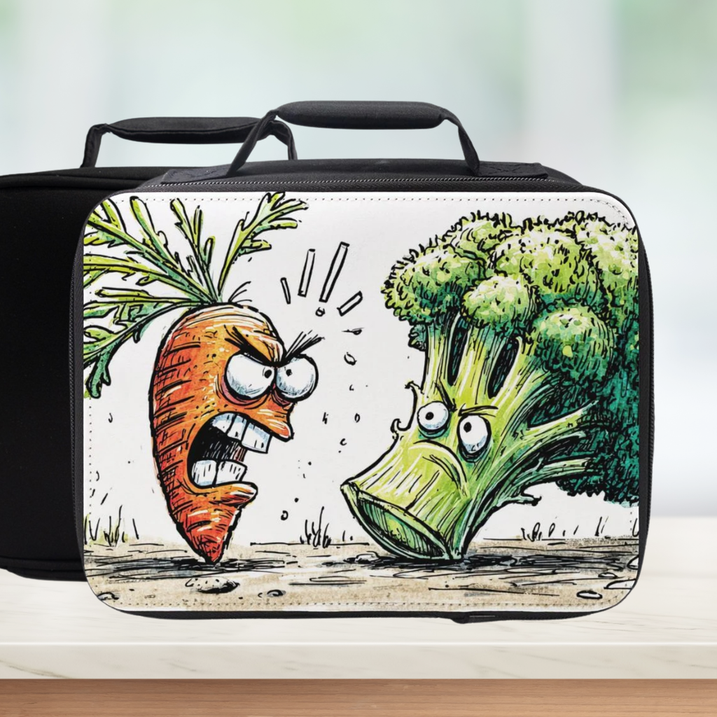 Lunch bag with cartoon design of a carrot and broccoli on a white background