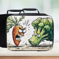 Lunch bag with cartoon design of a carrot and broccoli on a white background