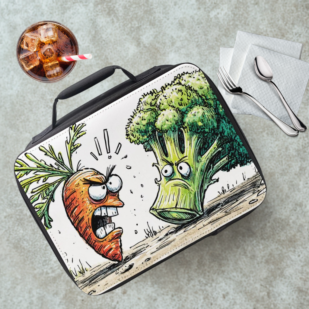 Lunch bag with cartoon carrot and broccoli design on a cafeteria table with a drink and utensils.