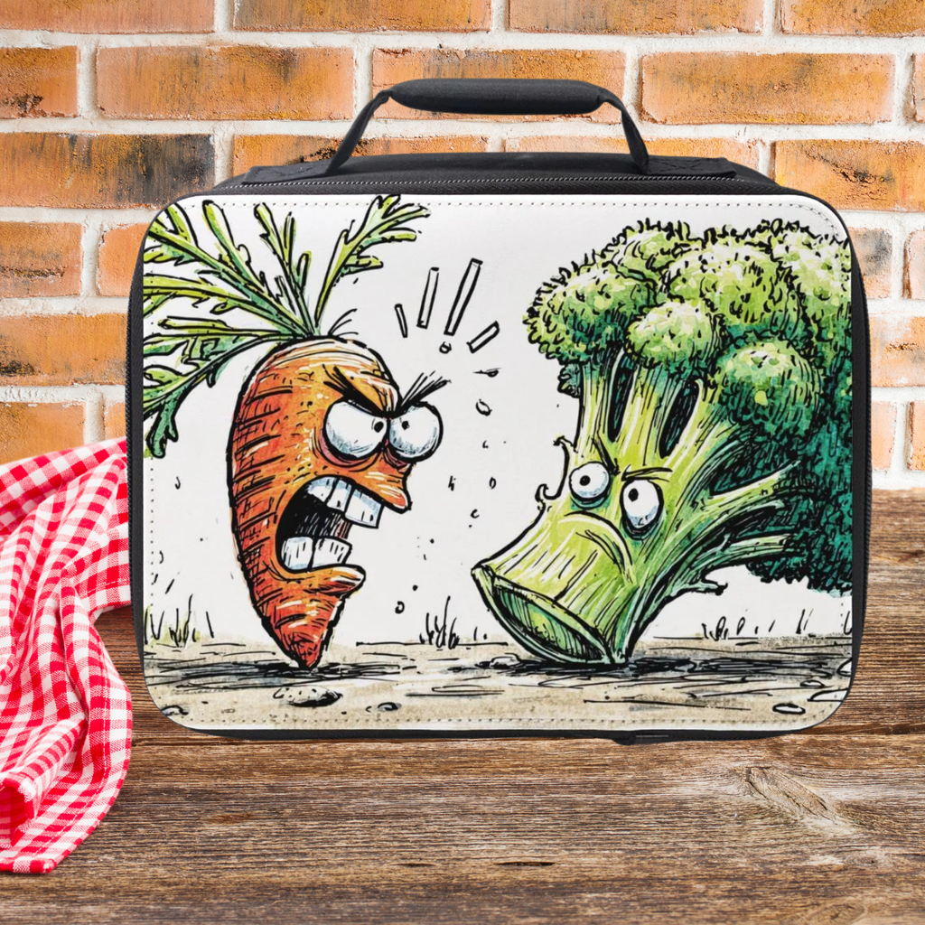 Lunch box with cartoon carrot and broccoli design on a picnic table against a brick wall background