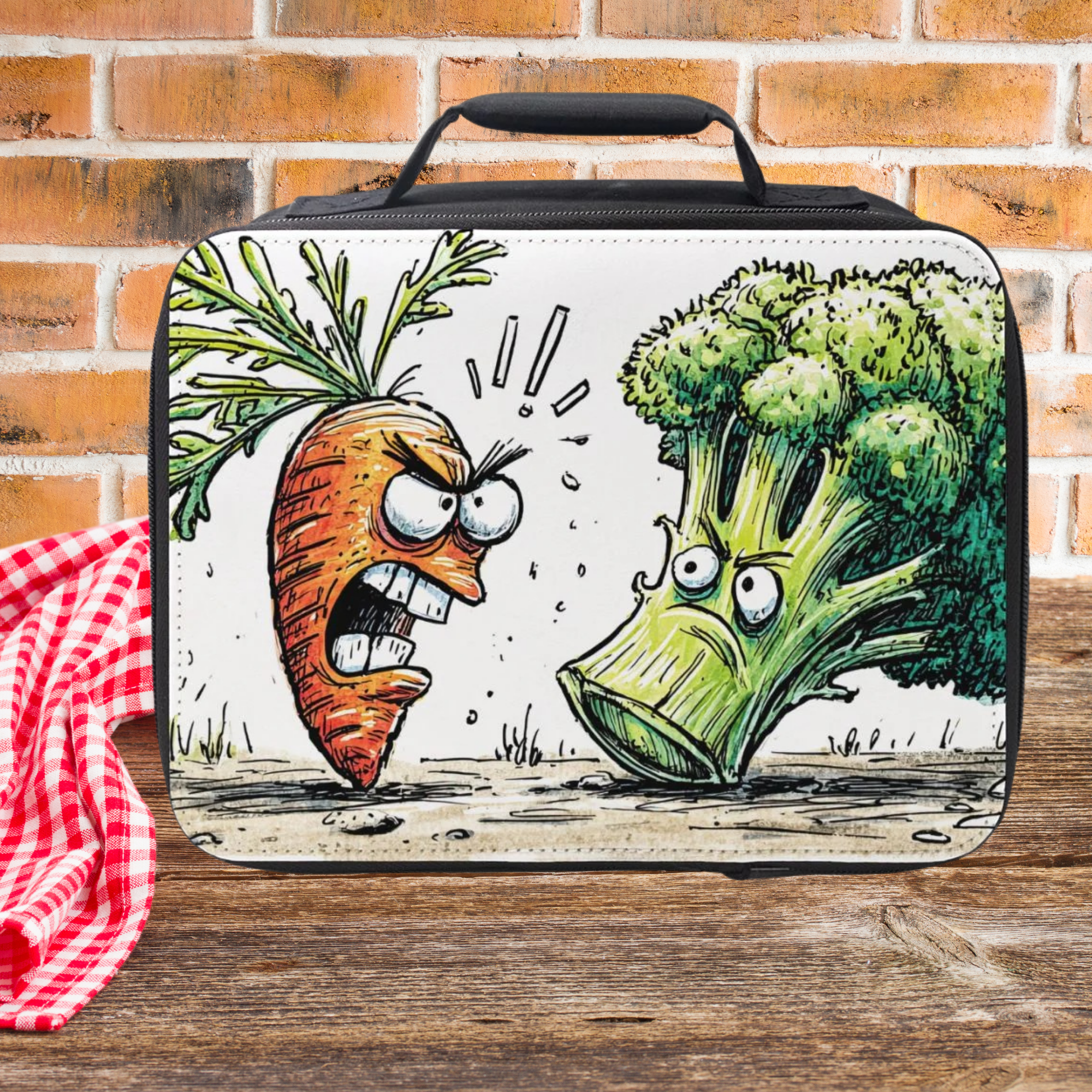 Lunch box with cartoon carrot and broccoli design on a picnic table against a brick wall background