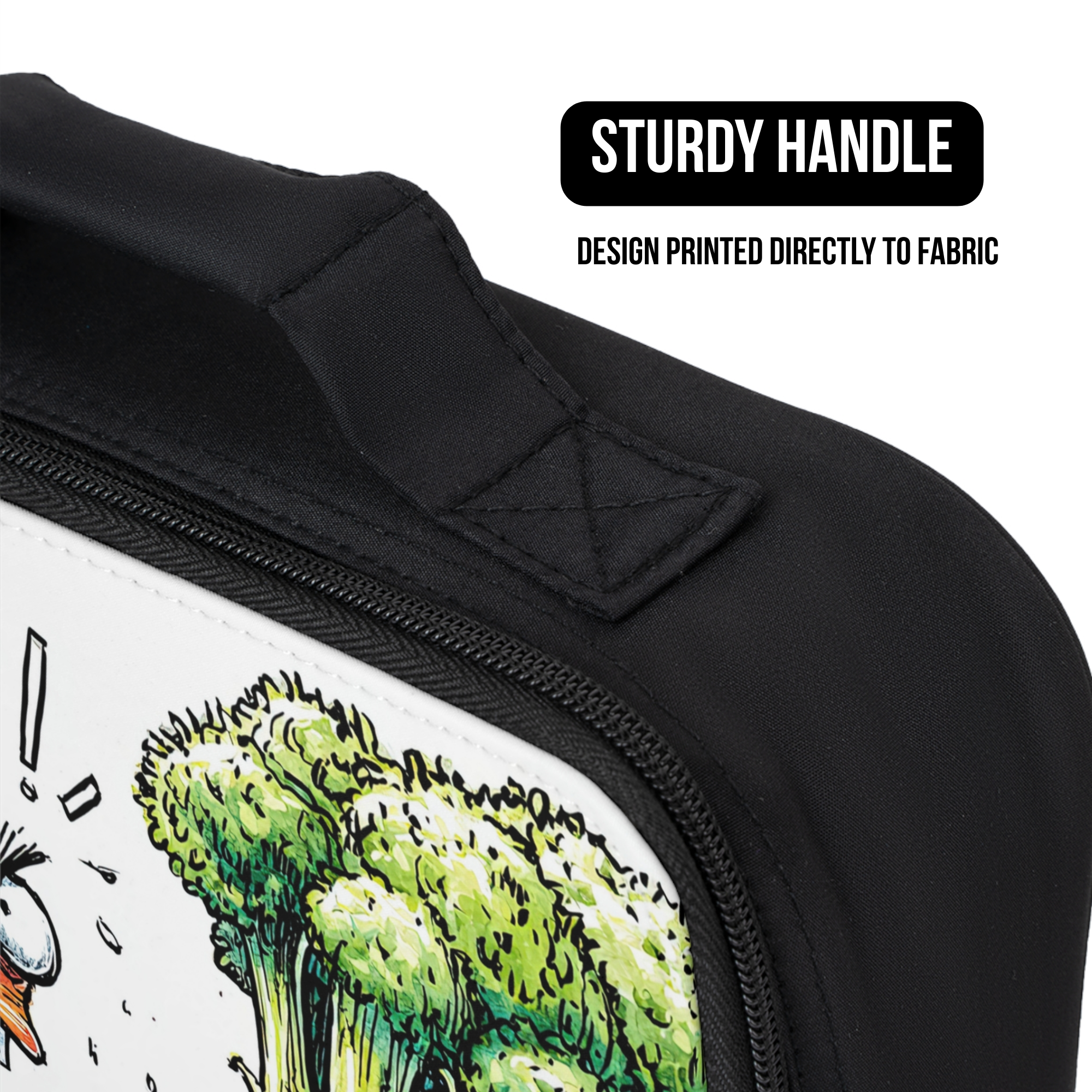 Black lunch bag with a green broccoli design and text indicating a sturdy handle and fabric printing.