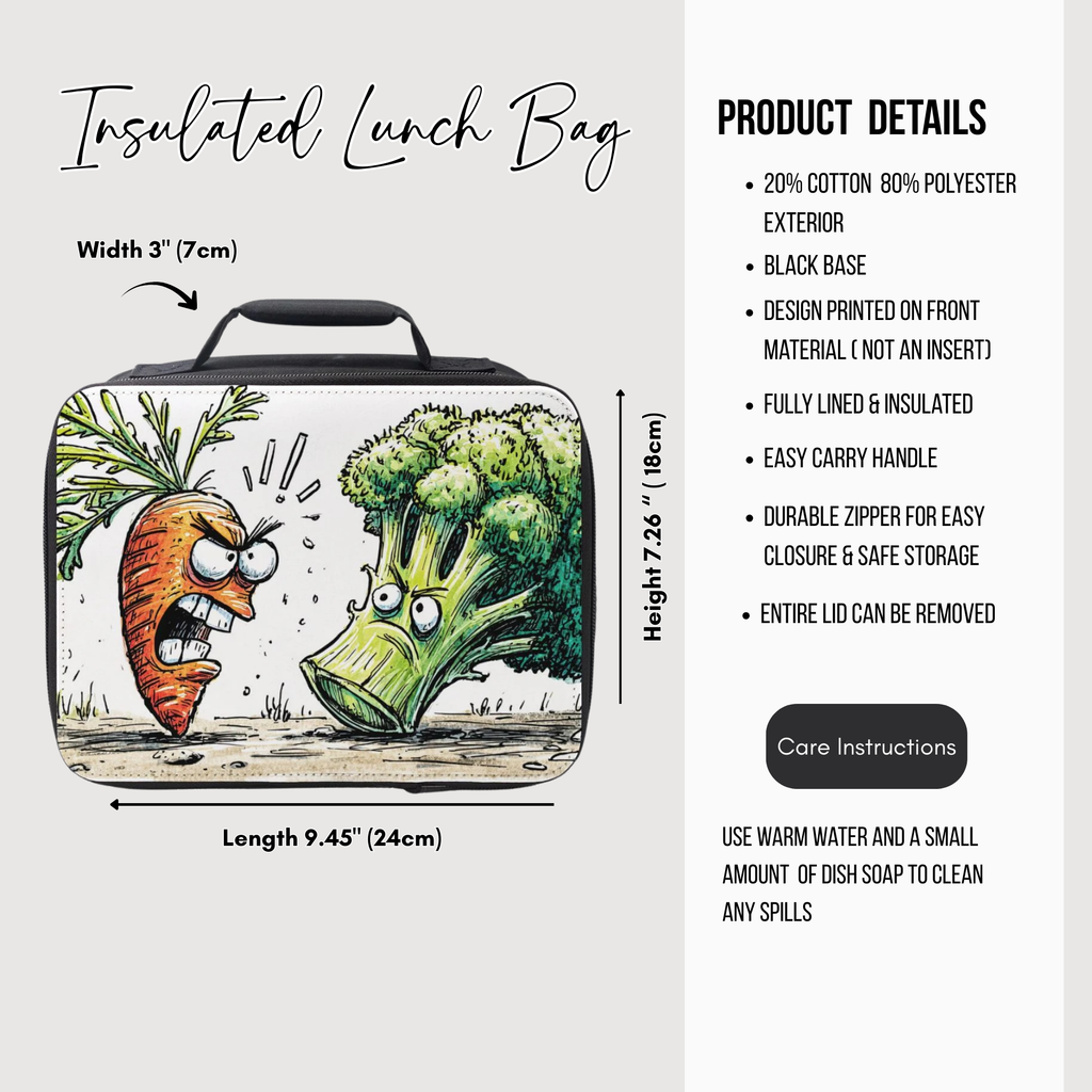 Insulated lunch bag with cartoon design of a carrot and broccoli, featuring product details on a white background.