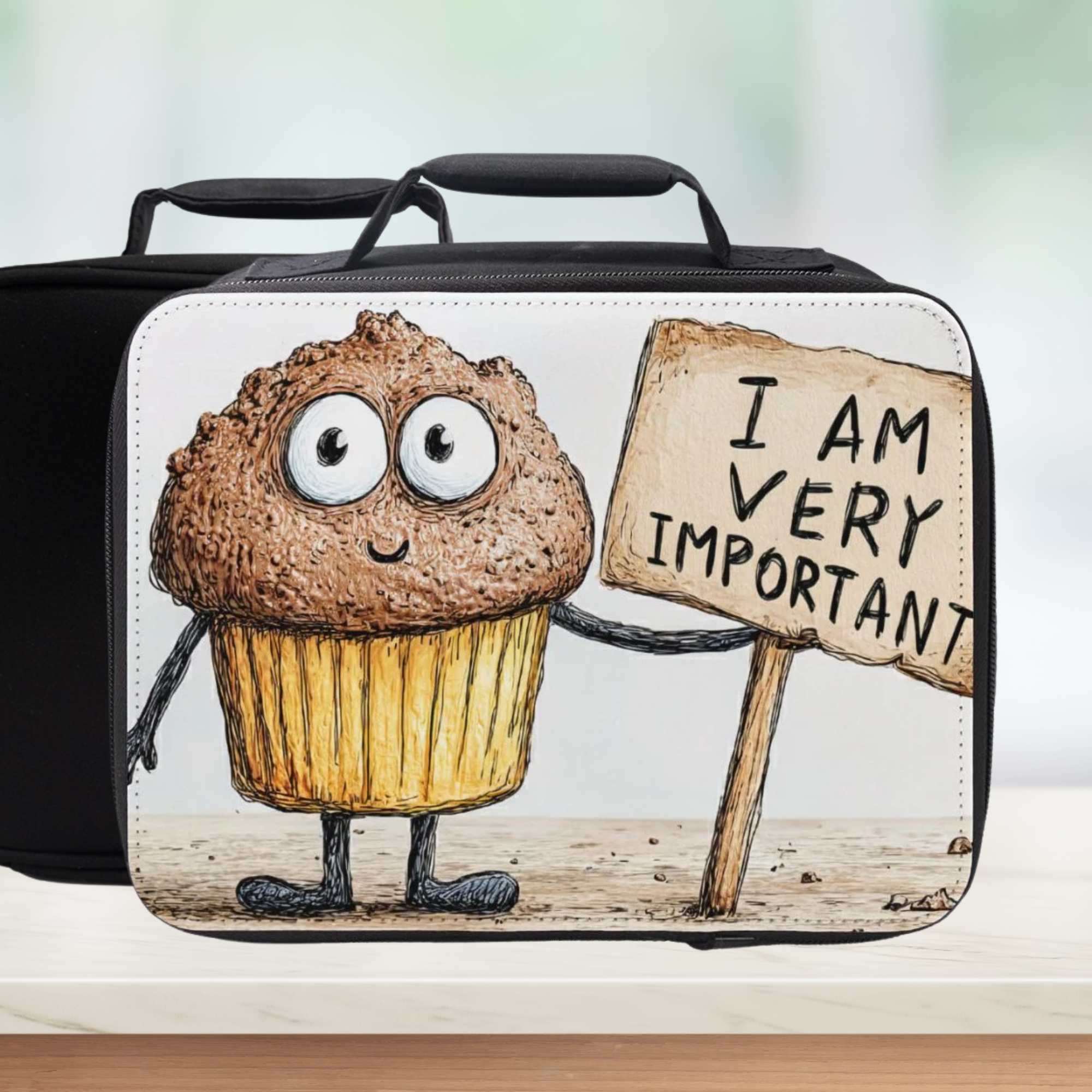 Lunch bag with a cartoon cupcake holding a sign saying 'I am very important' on a white background.