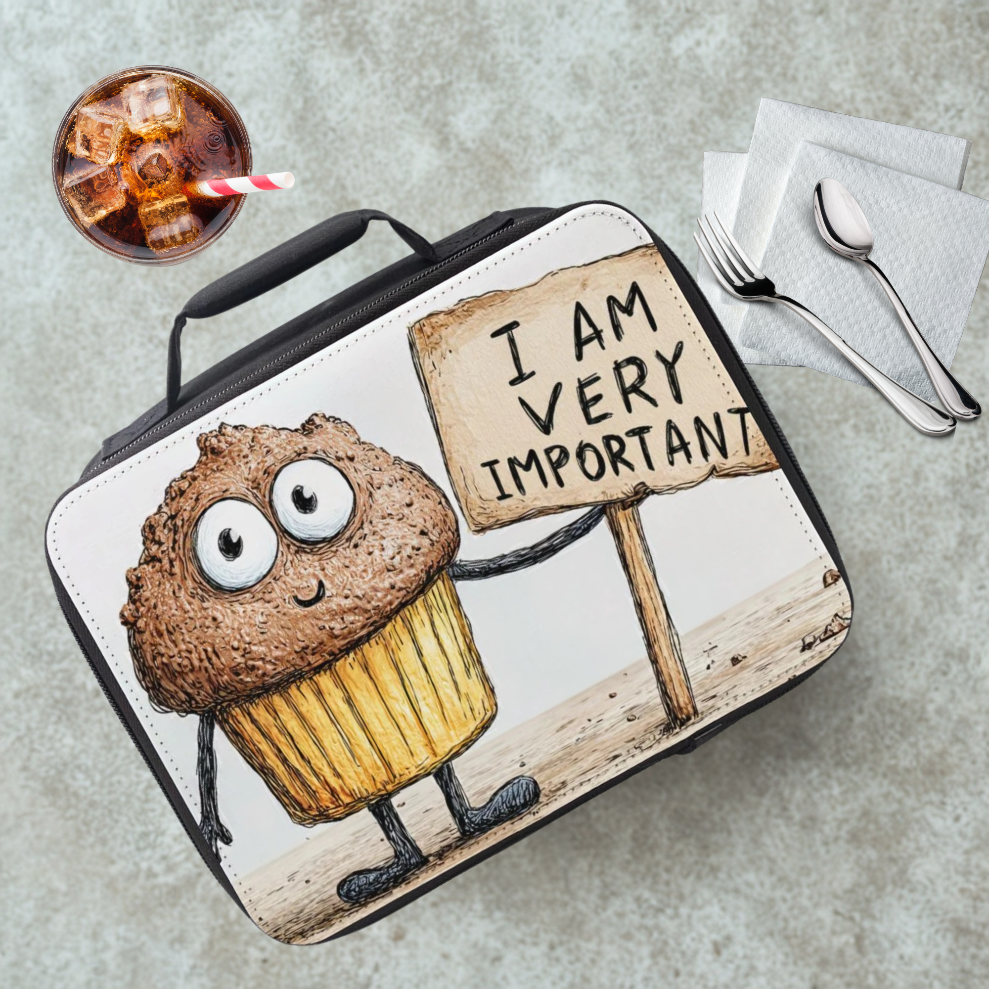Lunch bag with cartoon cupcake holding a sign saying 'I am very important' on a cafeteria table with a drink and eating utensils.