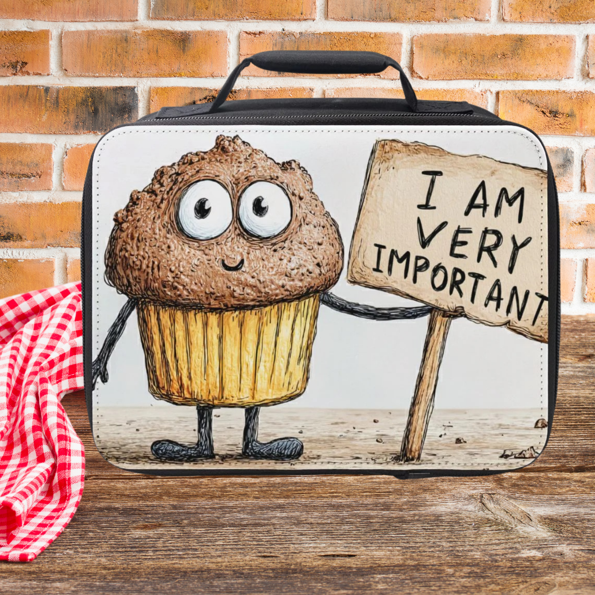 Lunch bag with a cartoon muffin holding a sign saying 'I am very important' against a brick wall.