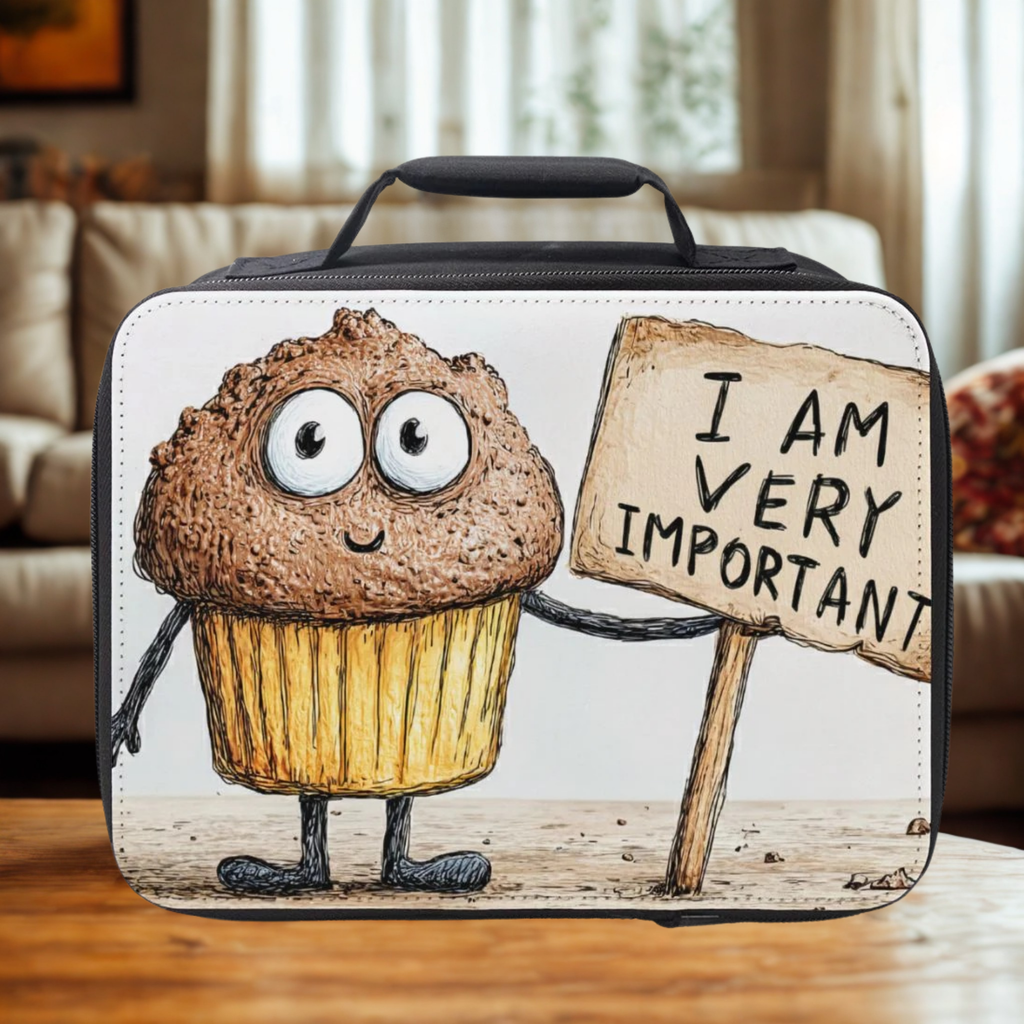  insulated lunch bag with cartoon cupcake character and sign in a living room setting