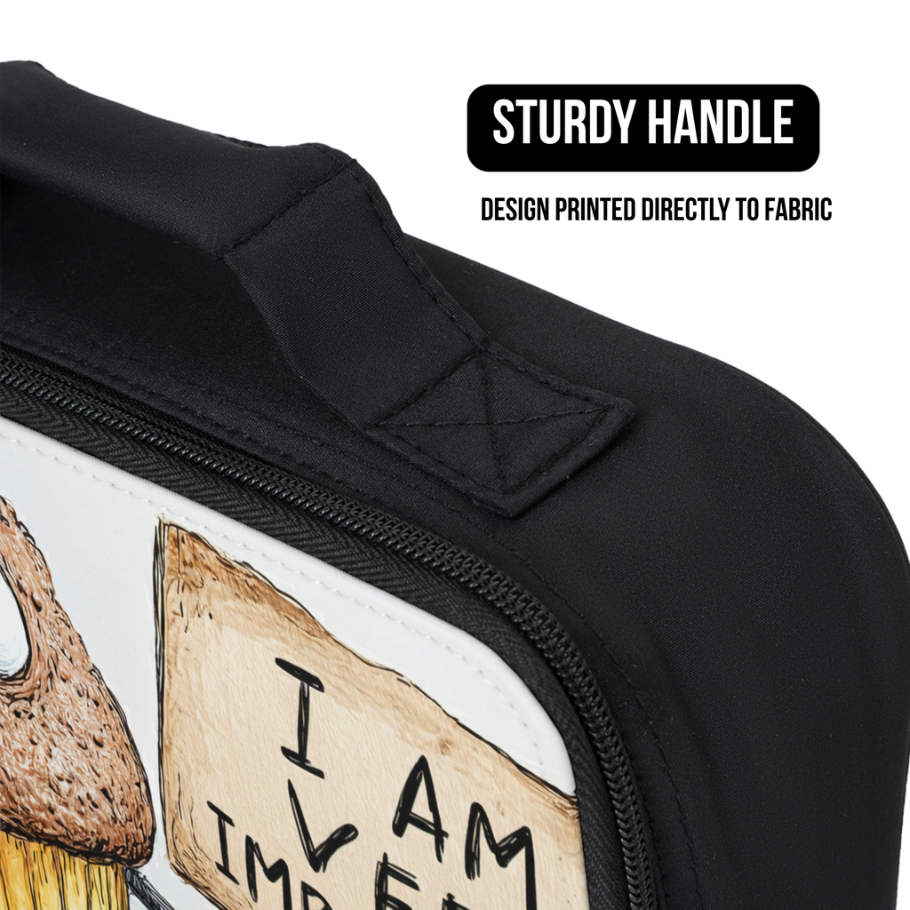 Black lunch bag with a design printed directly to fabric on a white background