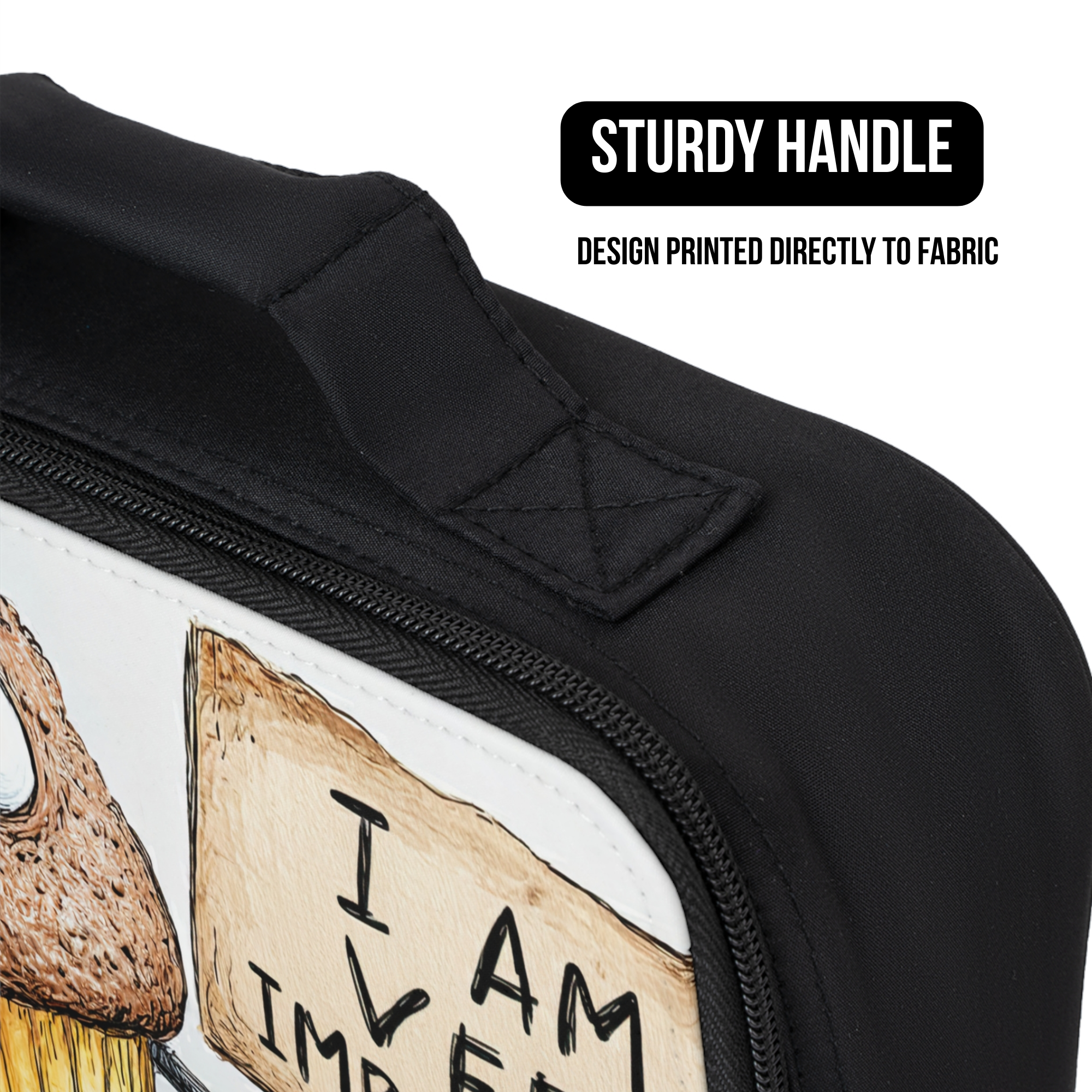 Black lunch bag with a design printed directly to fabric on a white background