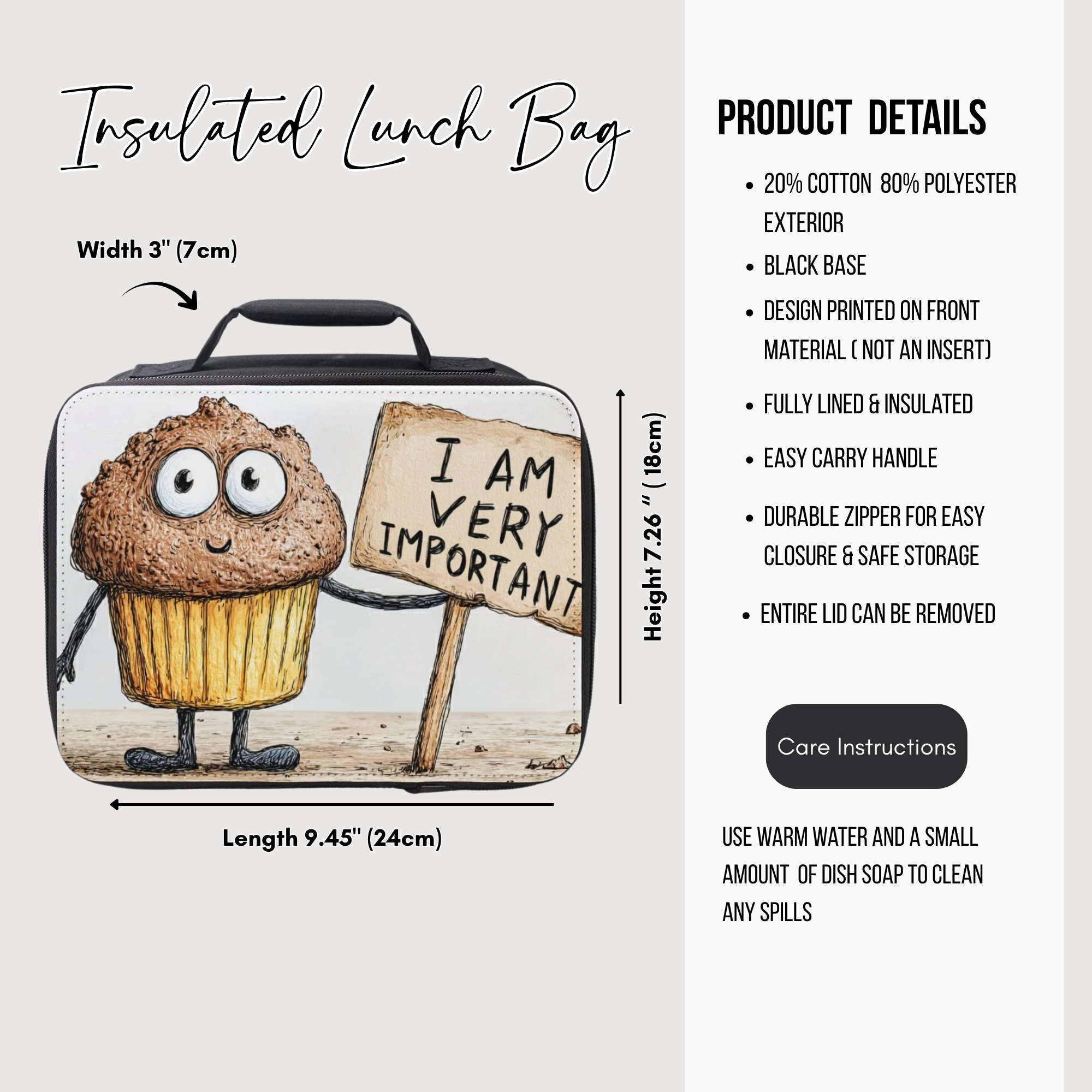 Insulated lunch bag with a cartoon cupcake muffin design and product details on a white background