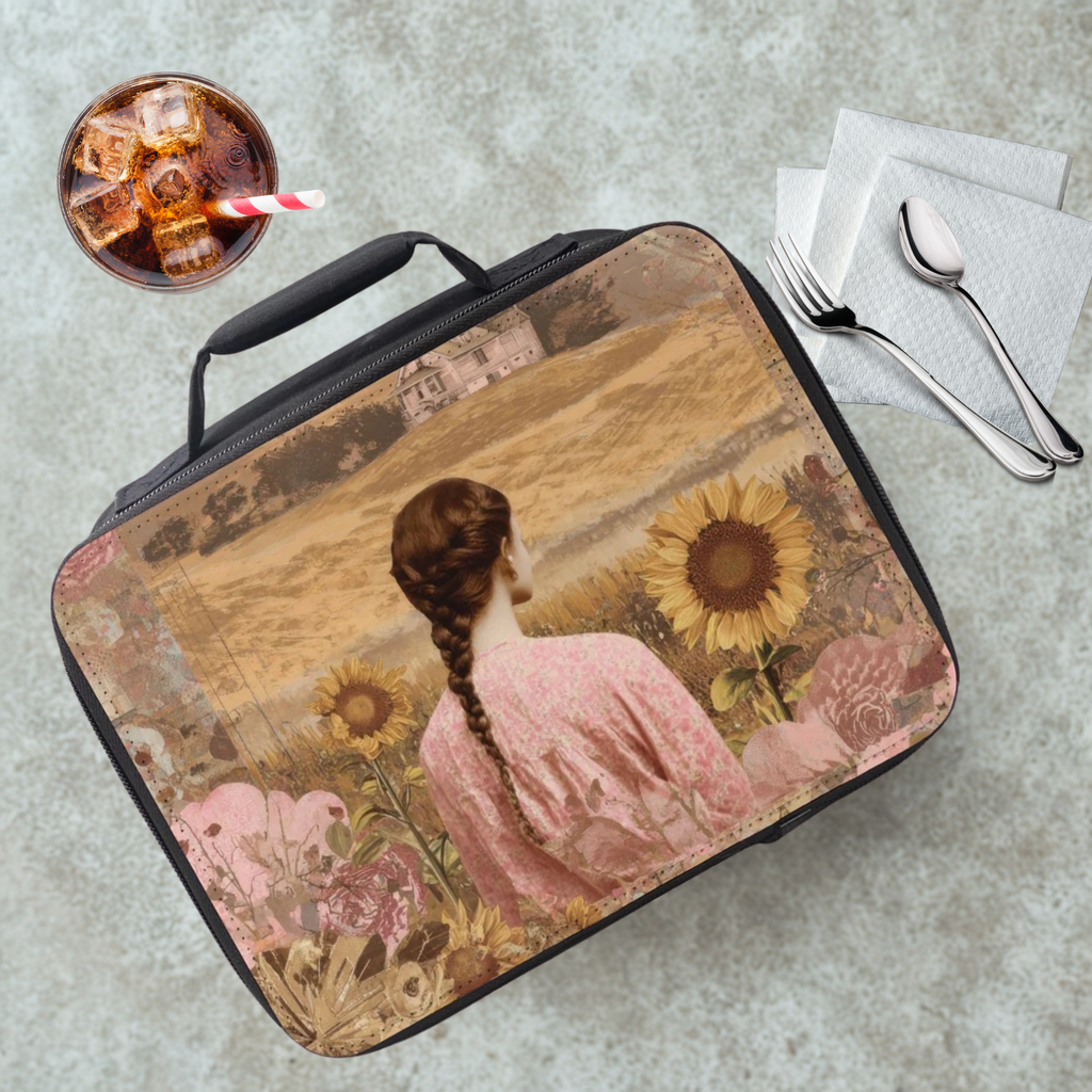 insulated lunch bag with vintage Victorian design of a girl among sunflowers and the house in the distance on a cafeteria table with a drink and utensils 