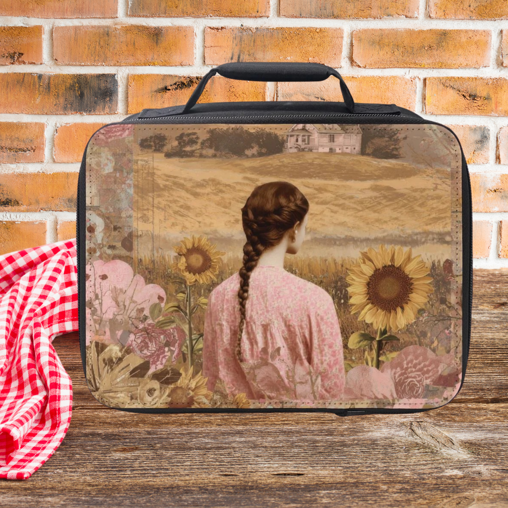 Insulated lunch bag with a Victorian design of a girl among sunflowers on a wooden picnic table and brick background