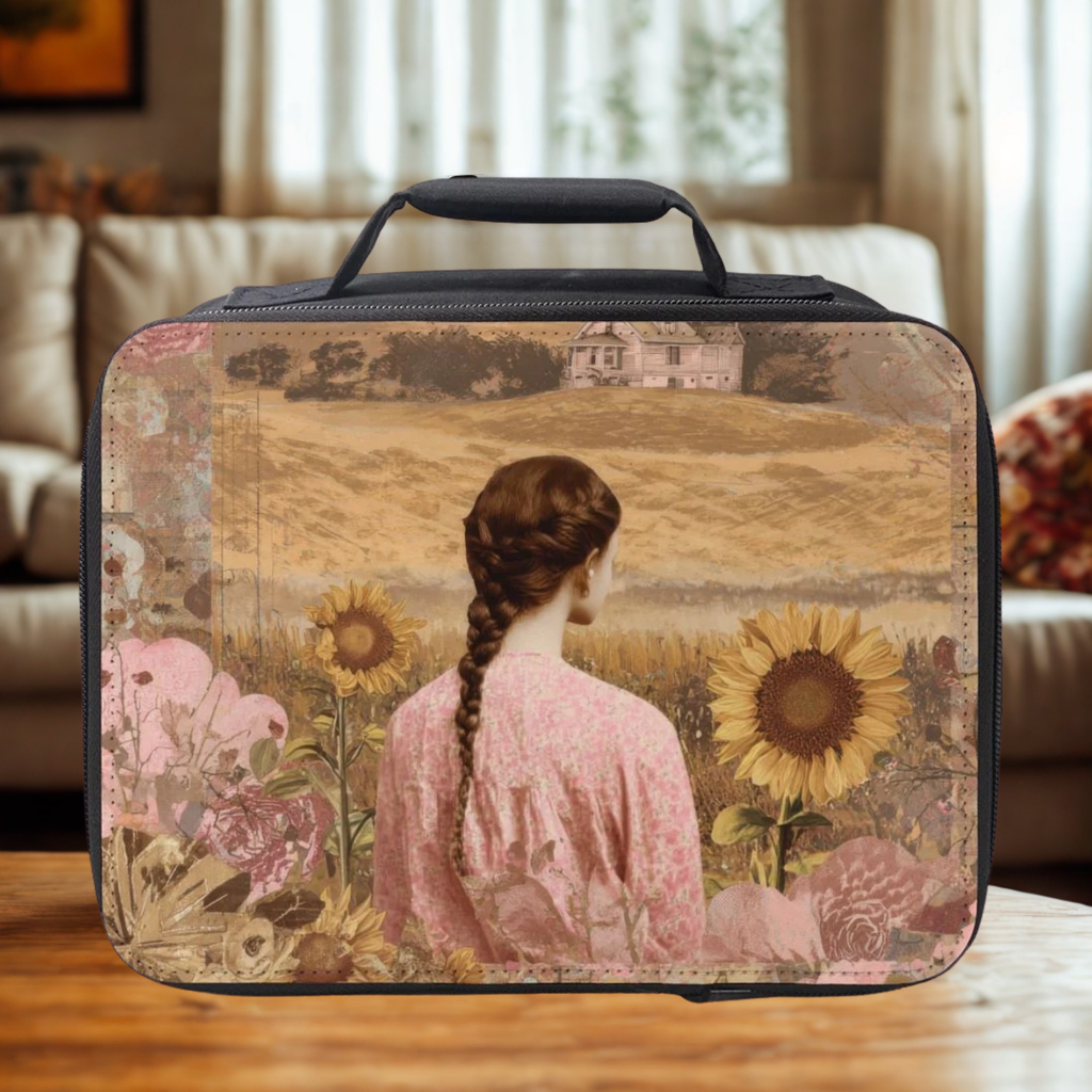 Insulated Lunch bag with a Victorian design of a girl among sunflowers on a wooden coffee table in a living room