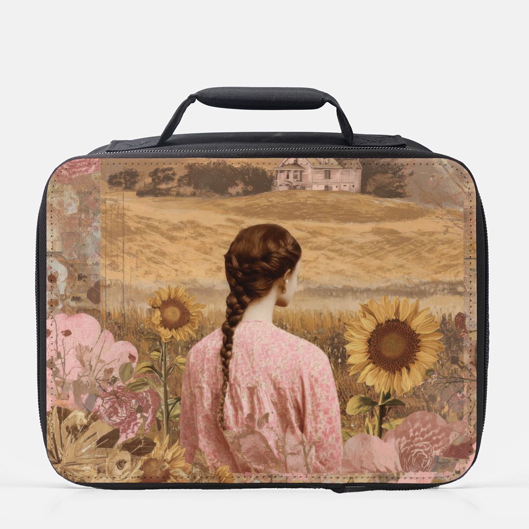 Lunch bag with vintage-style design featuring a woman and sunflowers on a beige background