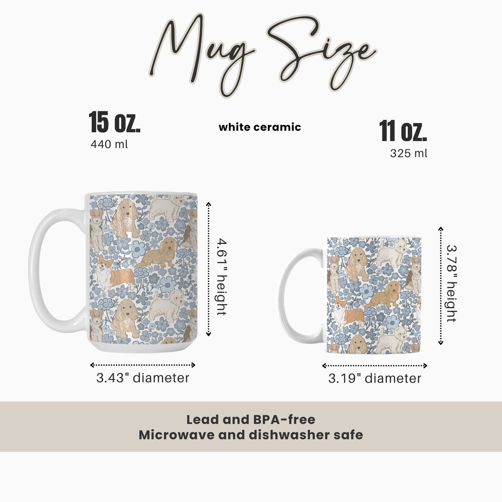 Two mugs with a hand drawn dog & flower pattern, size comparison chart, and product features on a white background
