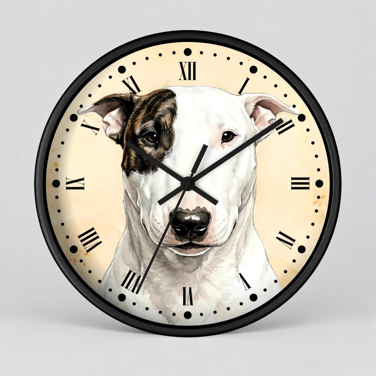 A round wall clock with a black frame and hands, featuring a printed illustration of a white and brown dog on a cream-colored face with black Roman numerals and dot hour markers, shown against a light gray background.