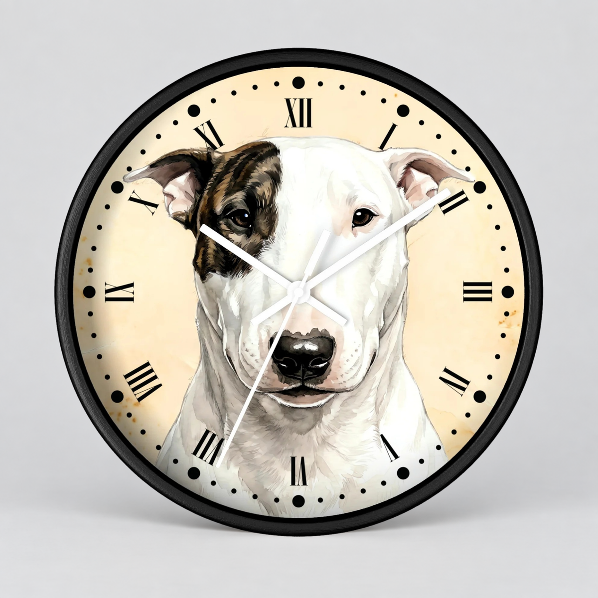 Round wall clock with a black frame and a cream-colored face featuring a detailed illustration of a white and brown dog. The clock has black Roman numerals and white hands.