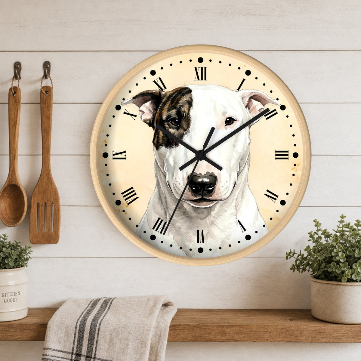 Brindle Spot Bull Terrier Wall Clock — Vintage Dog Portrait Decor