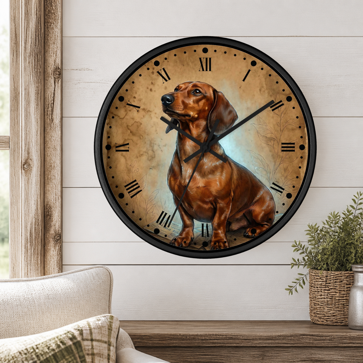 A round wall clock with a black frame and a vintage-style tan face featuring a brown dachshund illustration, mounted on a white shiplap wall above a wooden table with a plant and part of a sofa visible.