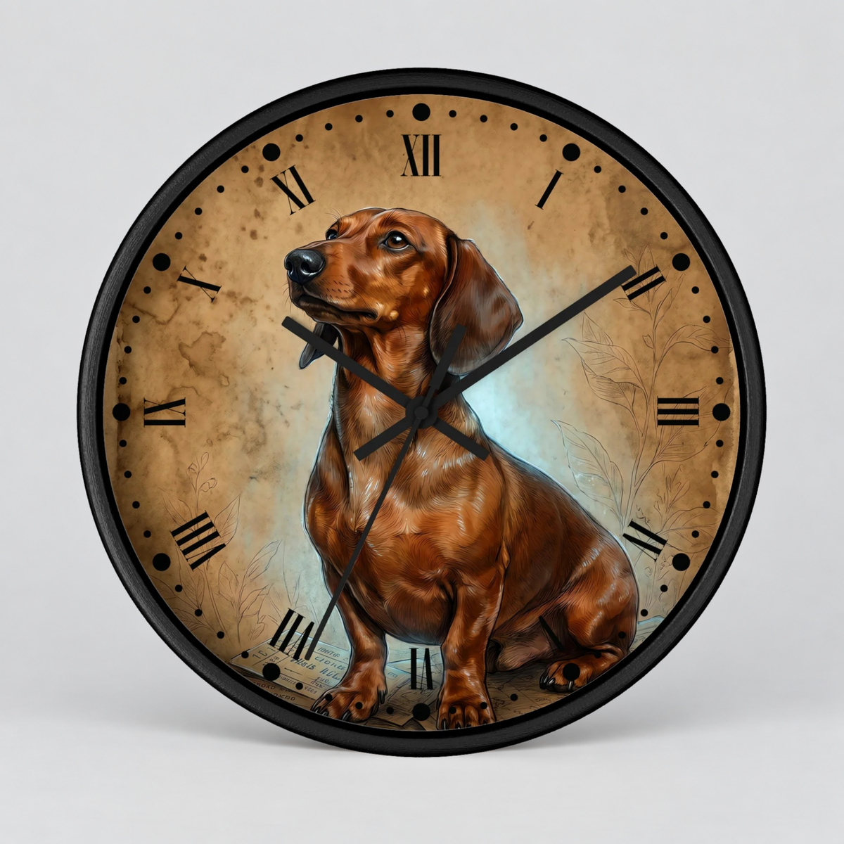 A round wall clock with a black frame and a printed illustration of a brown dachshund sitting on a textured tan face with black Roman numerals.