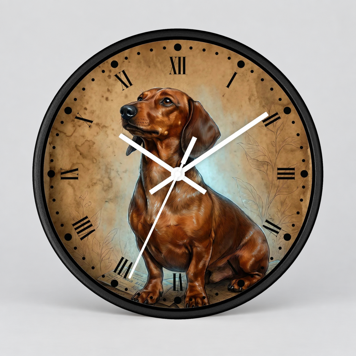 A round wall clock with a black frame and a printed illustration of a brown dachshund on a tan background, with black Roman numerals and white hands, shown against a light gray studio background.
