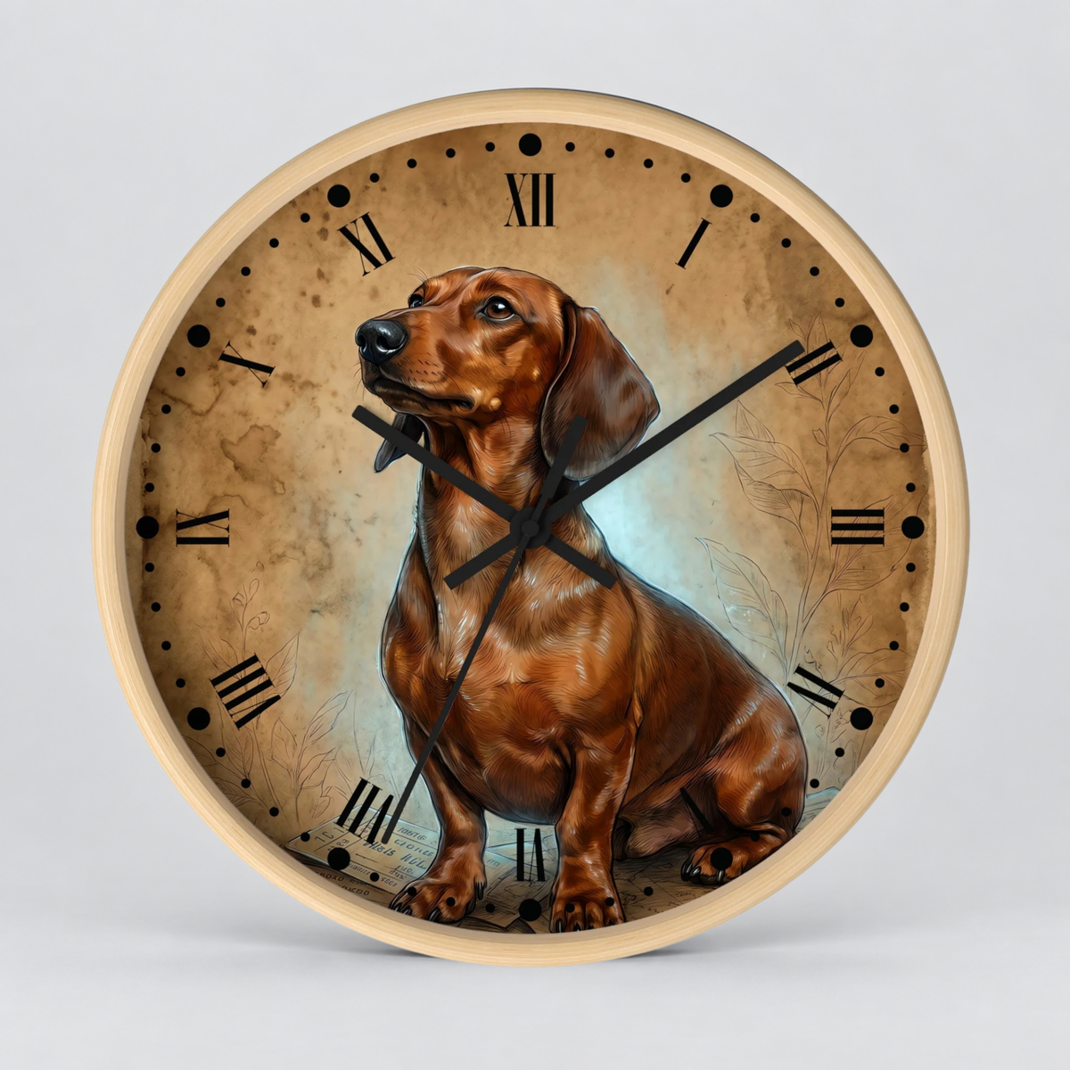 Round wall clock with a light wood frame and a printed design featuring a brown dachshund sitting on a textured tan background with black Roman numerals and hands.