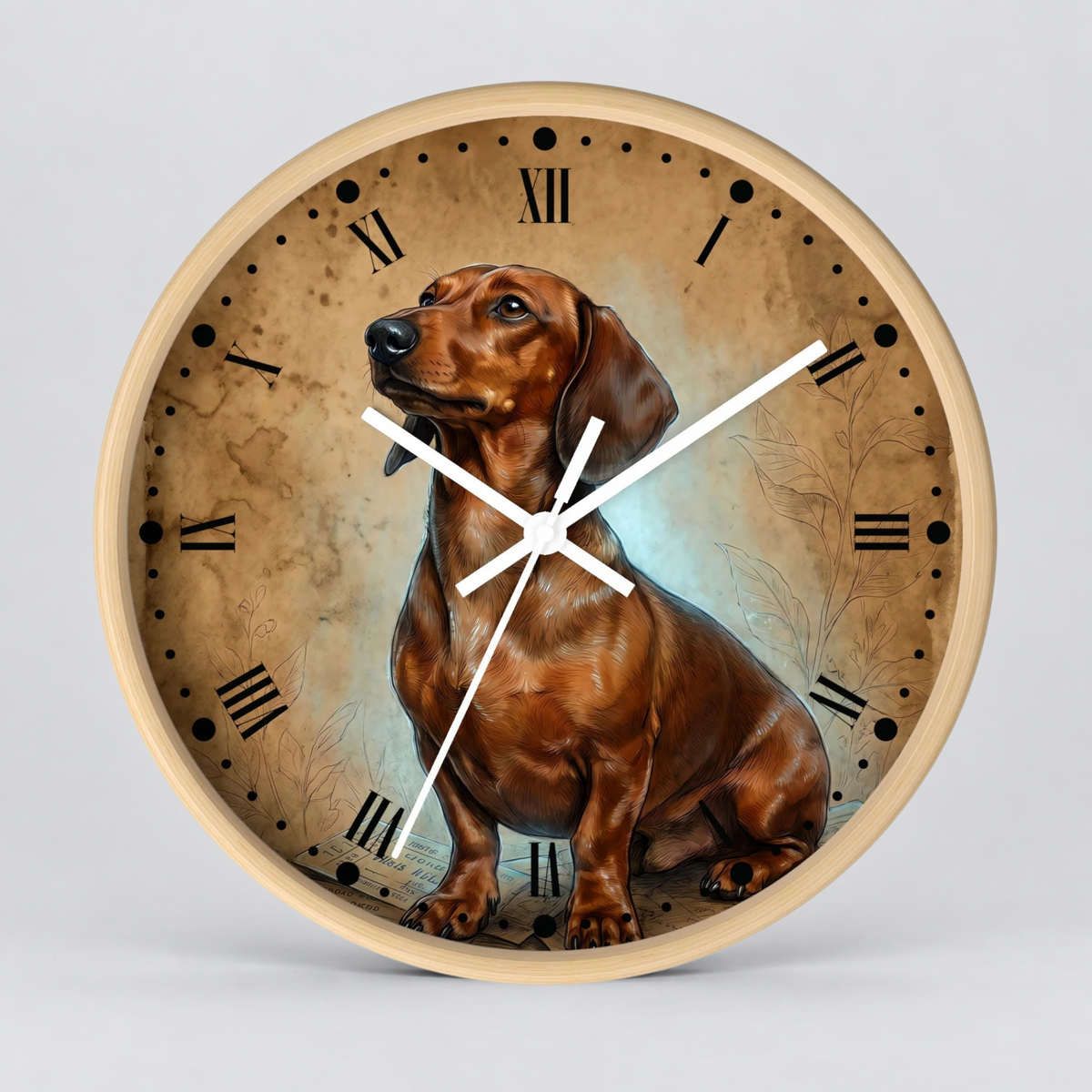 Round wall clock with a light wood frame and a printed dial featuring a brown dachshund illustration over a tan textured background with black Roman numerals and white clock hands.