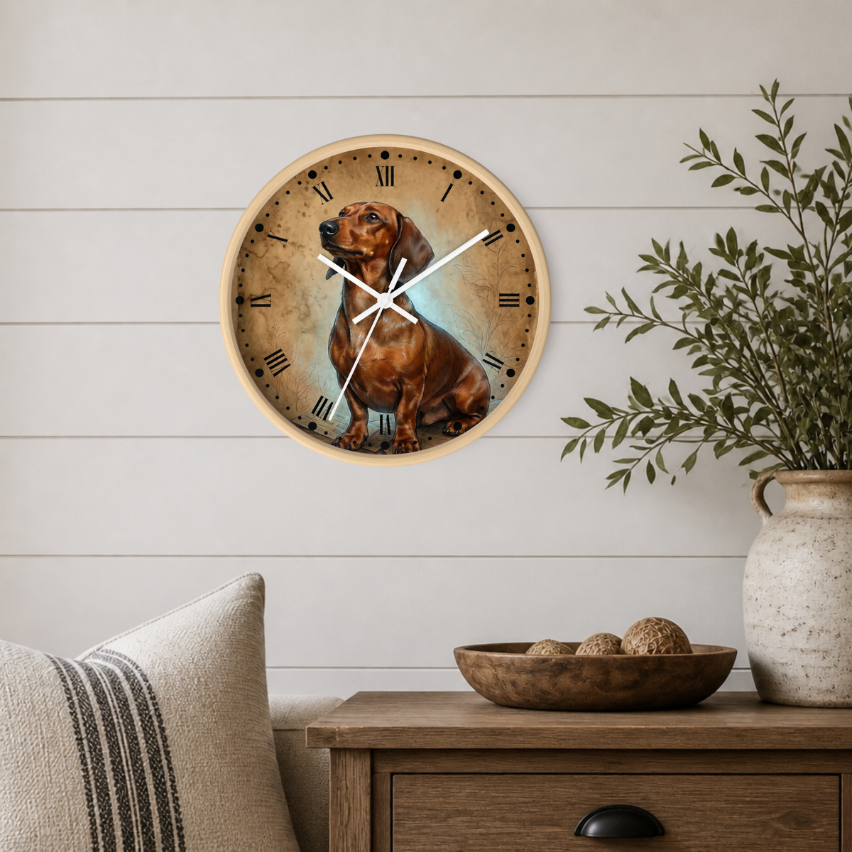 A round wall clock with a dachshund illustration, mounted on a white shiplap wall above a wooden side table with a plant and decorative bowl.