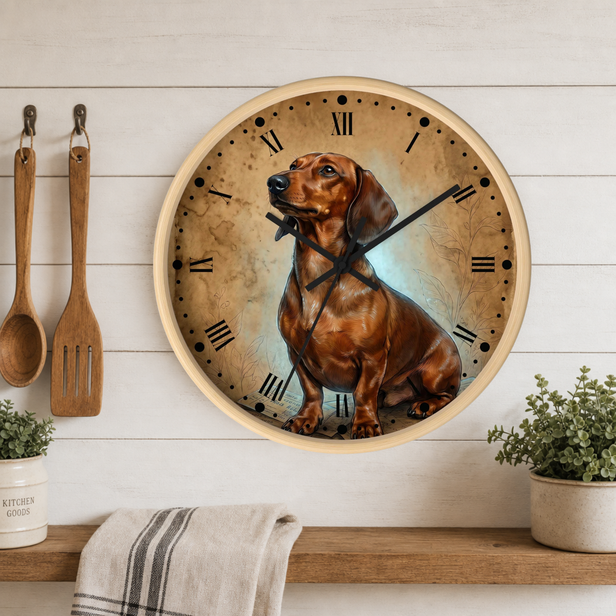 Round wall clock with a dachshund illustration, mounted on a white wood paneled wall above a wooden shelf with kitchen utensils, plants, and a towel.