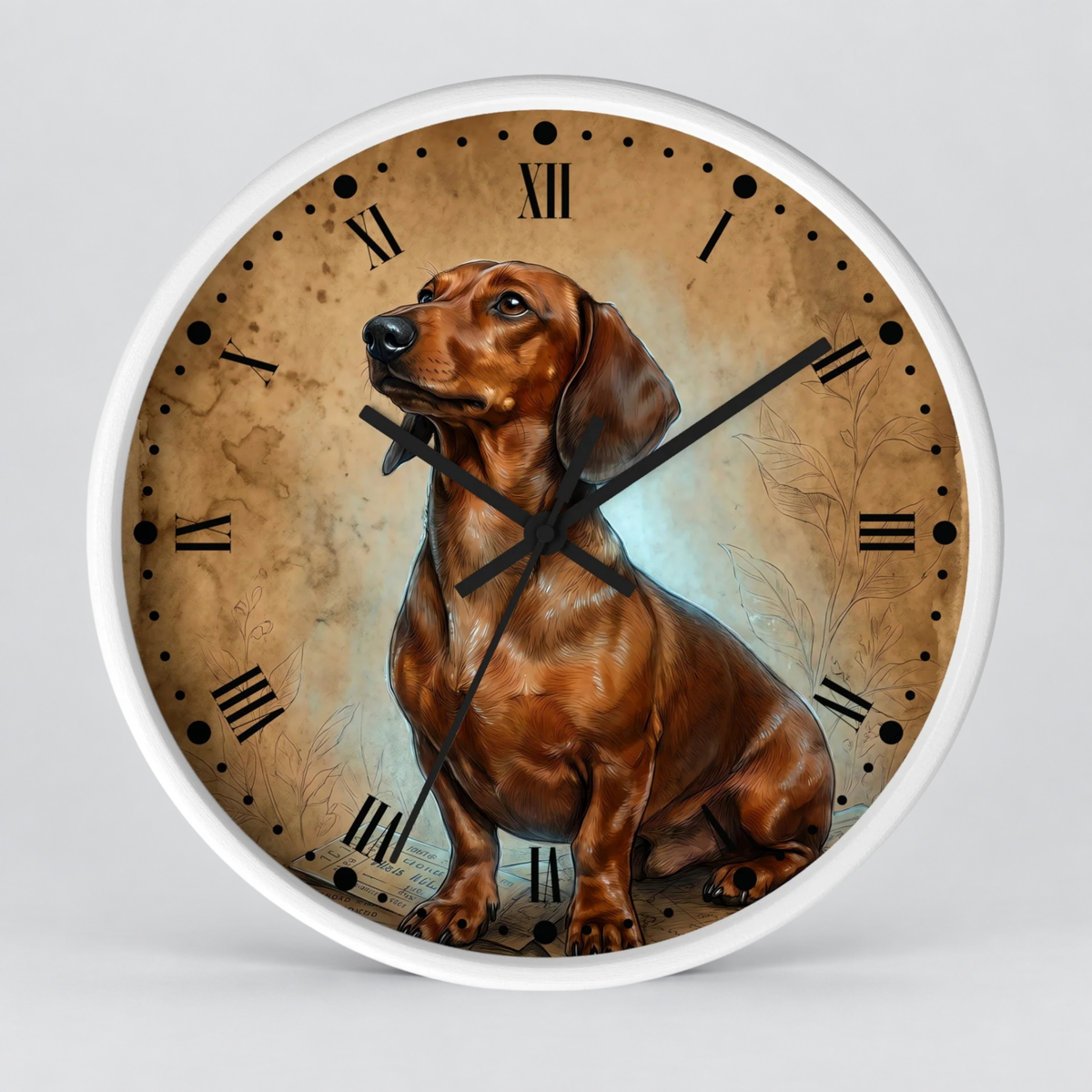 Round wall clock with a white frame and a printed dial featuring a brown dachshund sitting on a textured tan background with black Roman numerals and black clock hands.