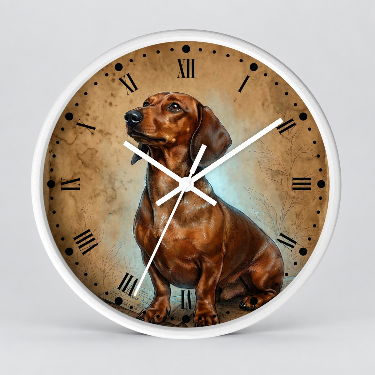 Round wall clock with a white frame and a printed dial featuring a brown dachshund over a textured tan background with black Roman numerals and white clock hands.