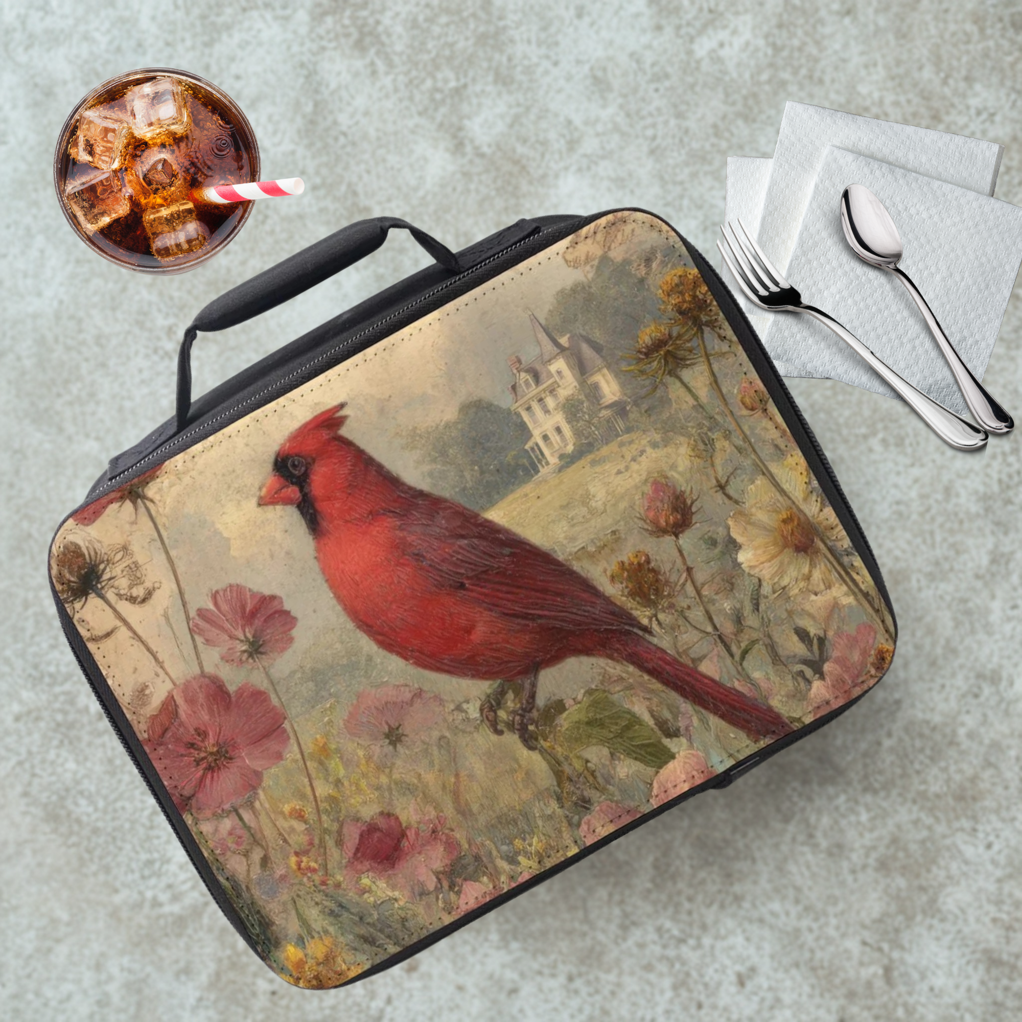 Lunch bag with a red cardinal design on a table with a drink and utensils.