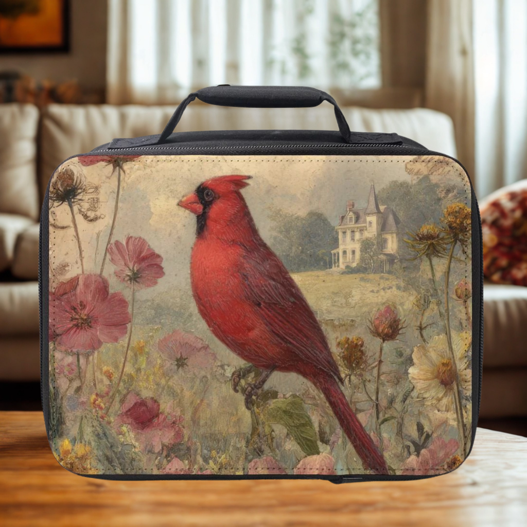  insulated lunch bag with a red cardinal design on a wooden coffee table in a living room