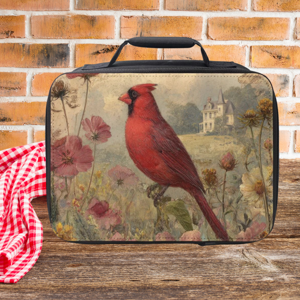  insulated lunch bag with a red cardinal design on a wooden picnic table and brick wall background