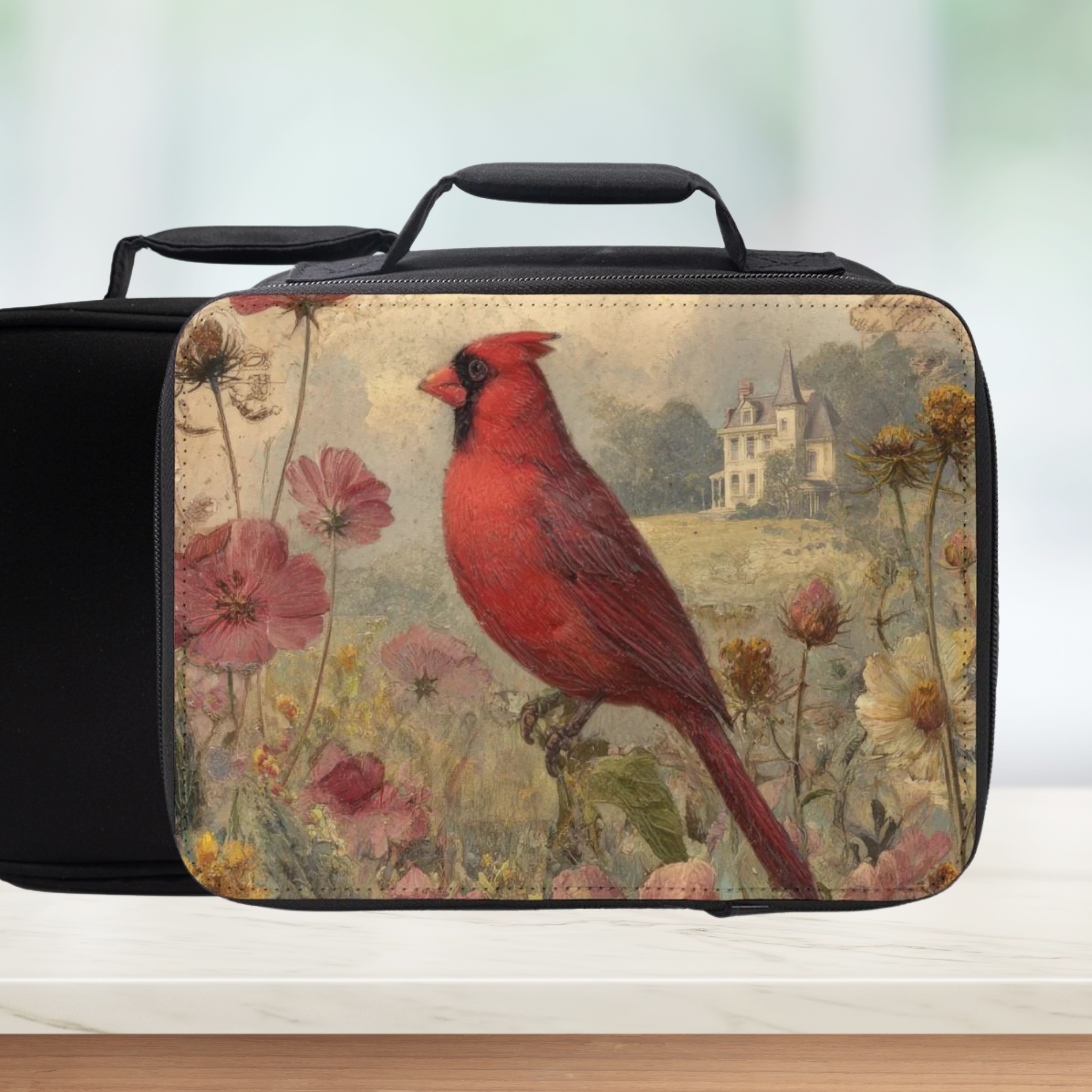  insulated lunch bag with a red cardinal design on a white background