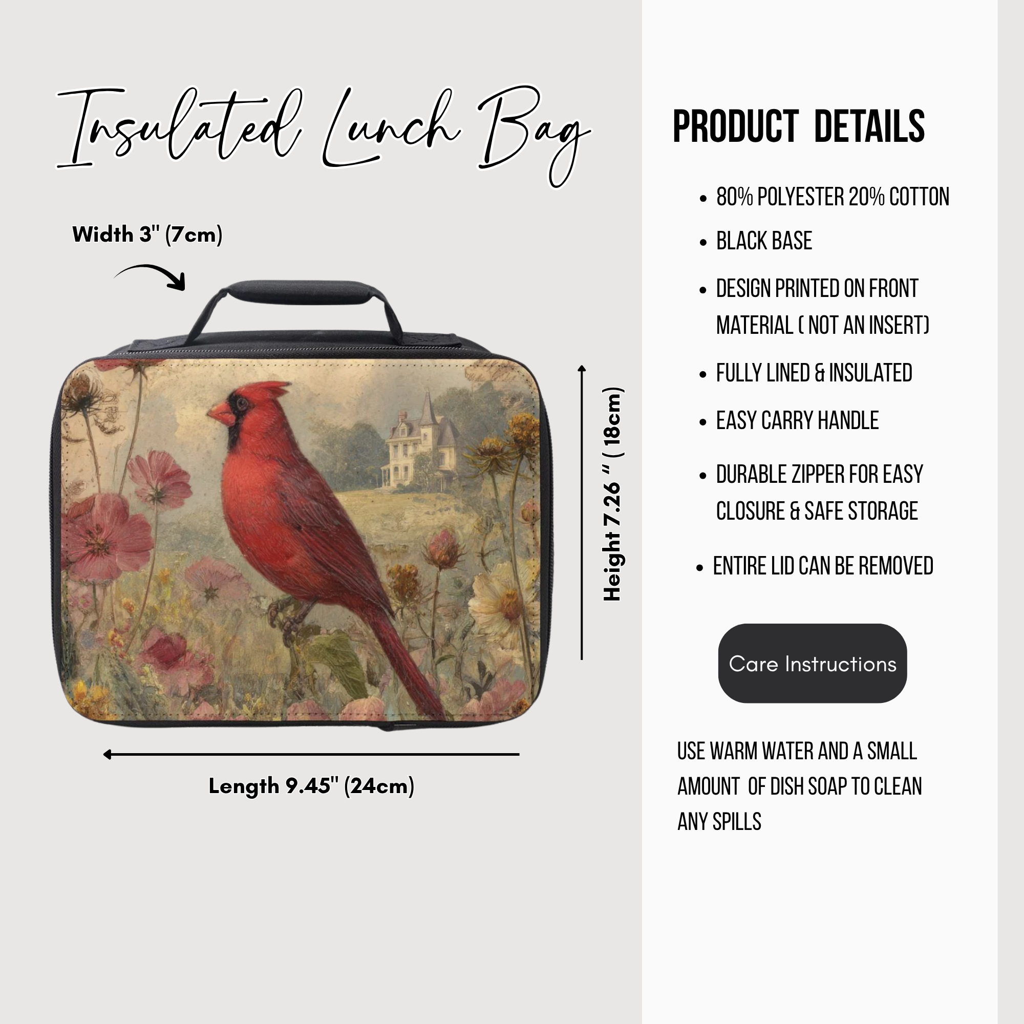 Insulated lunch bag with cardinal design and product details on a white background