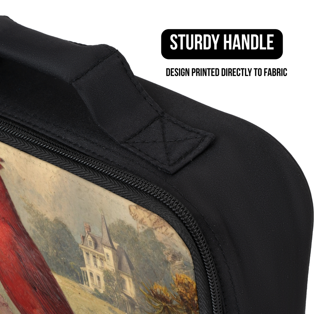 Black lunch bag with a printed design of a house in the background and a red cardinal in front on fabric, featuring a sturdy handle.