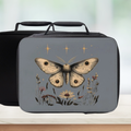 lunch bag with moth & flowers illustration on a blurred background
