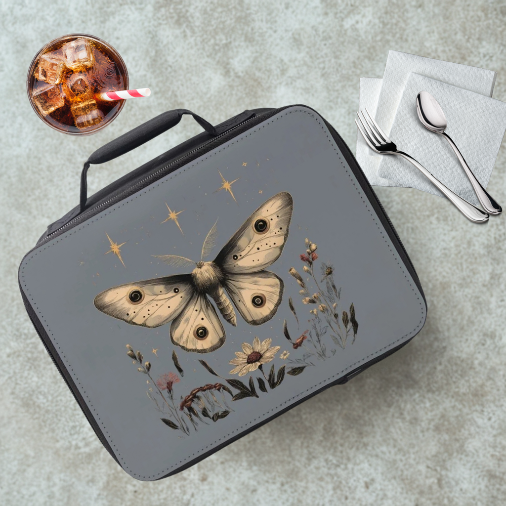 Lunch bag with celestial moth design on a cafeteria table with a drink and utensils.