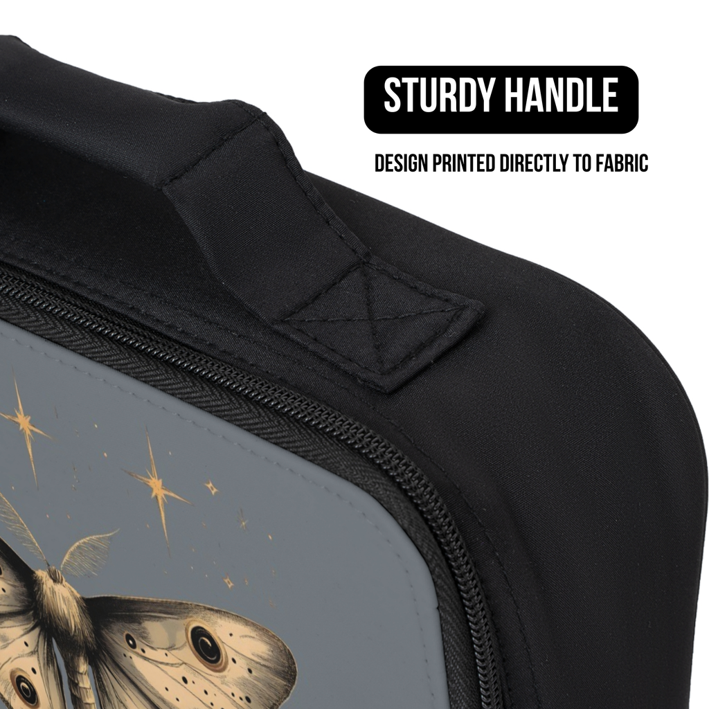 Black lunch bag with celestial moth design and sturdy handle feature