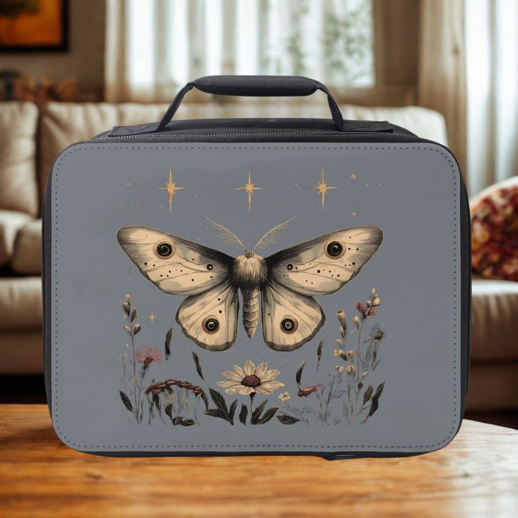 lunch bag with a celestial moth design on a wooden table in a cozy living room.