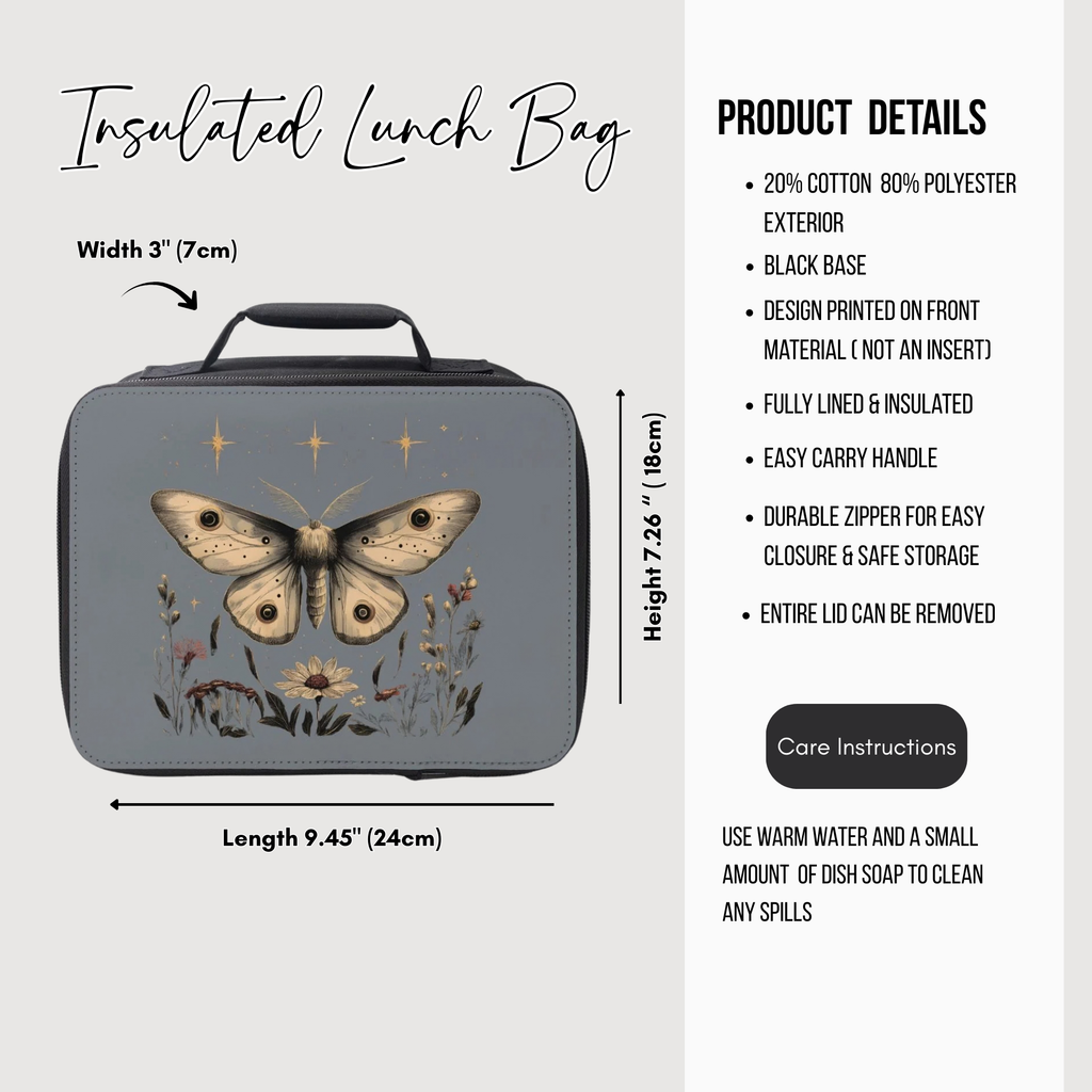 Insulated lunch bag with celestial moth design and product details on a white background
