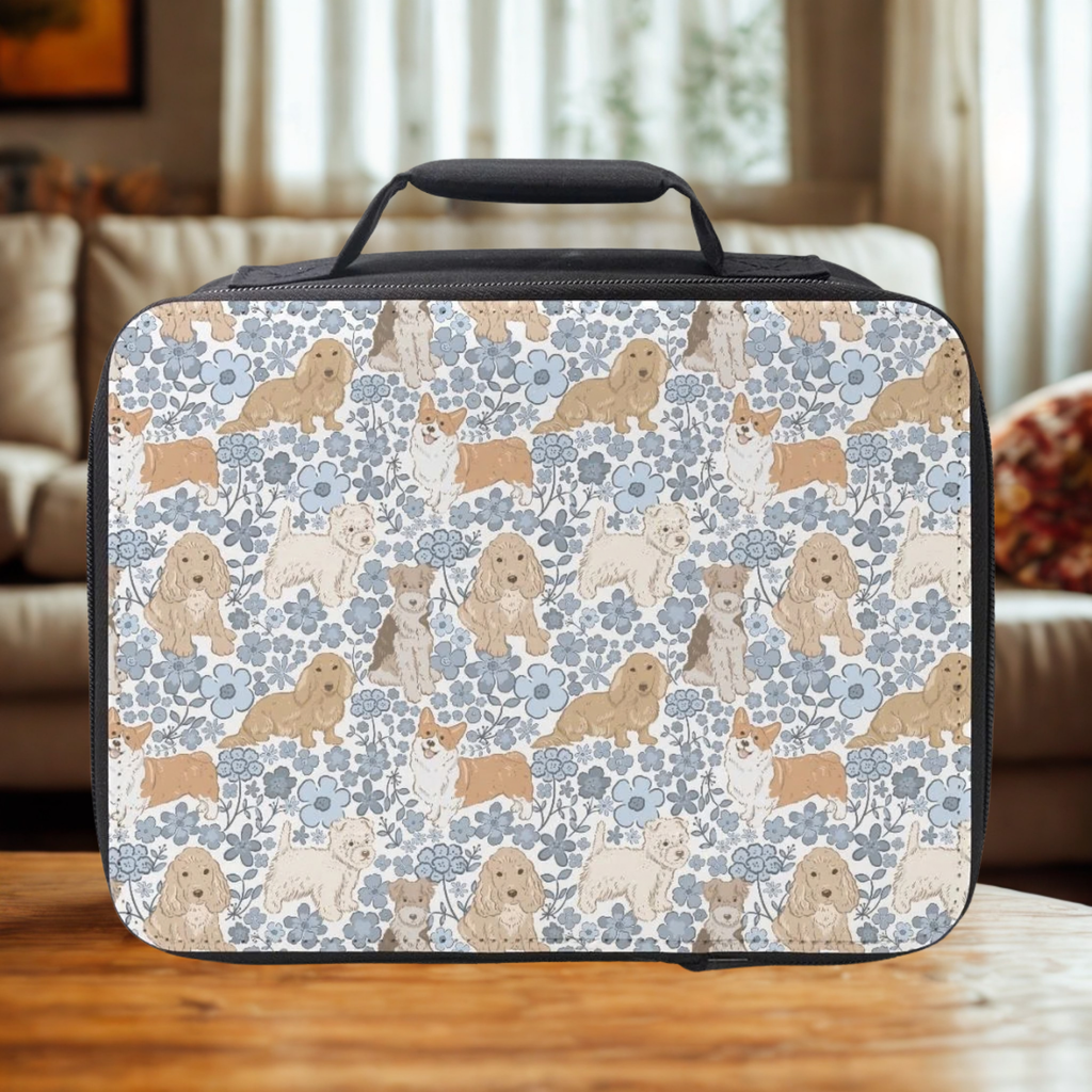  insulated lunch bag with dog pattern on a wooden table