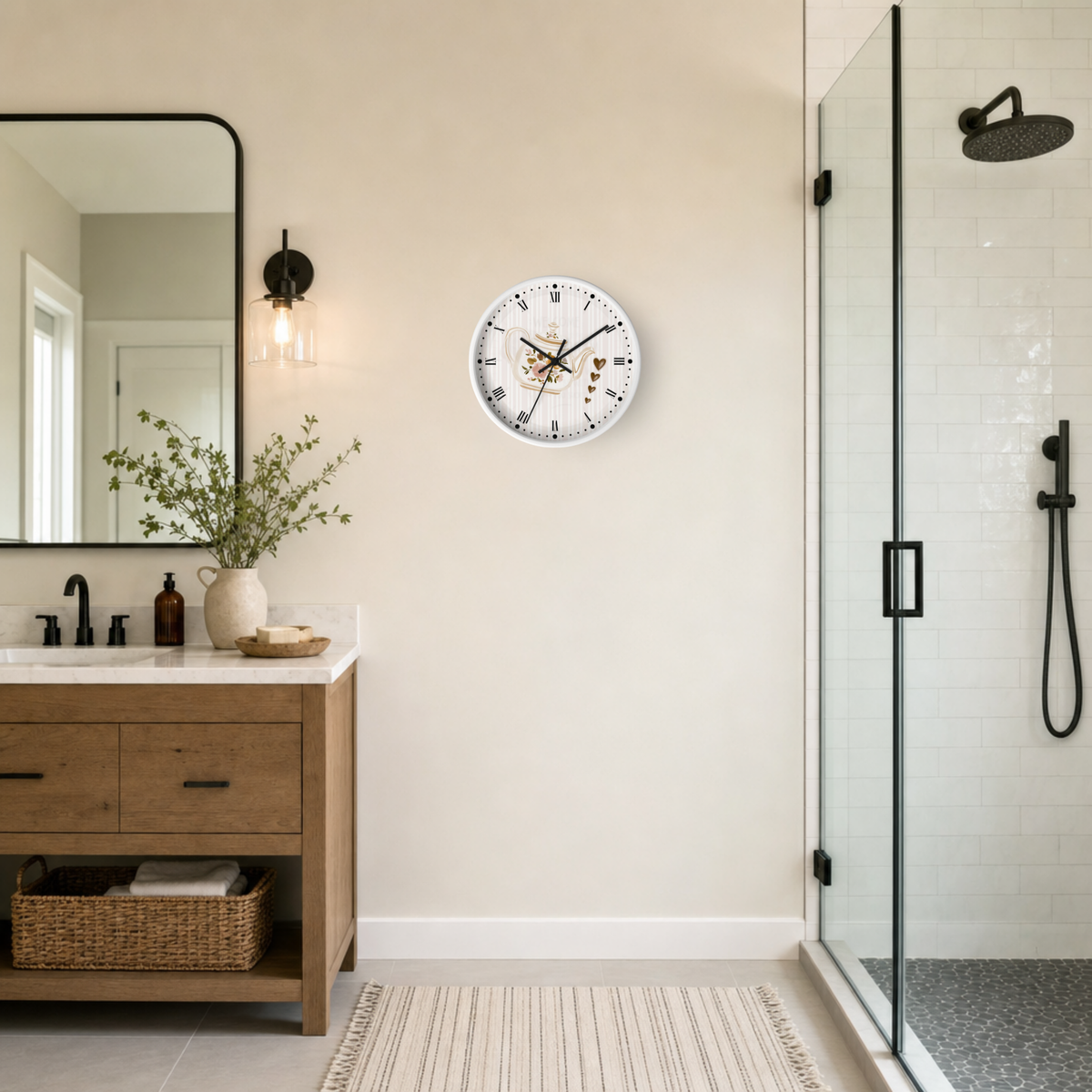 A round white wall clock with black Roman numerals and gold-tone decorative details, mounted on a beige wall in a modern bathroom setting with a wooden vanity, mirror, and glass shower enclosure.