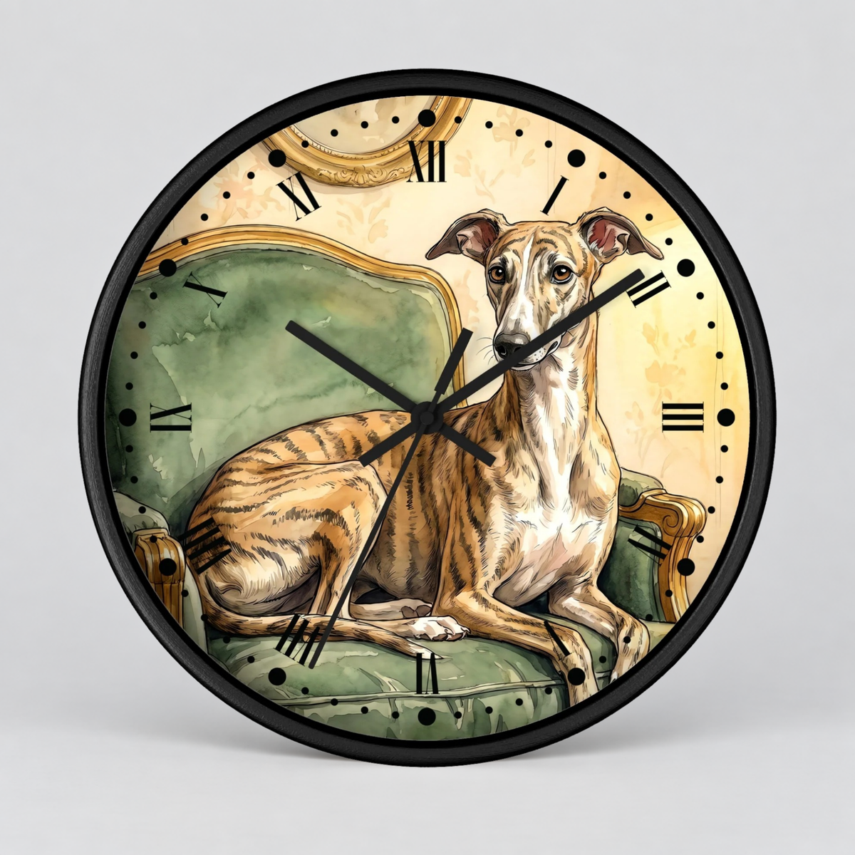 Round wall clock with a black frame and a vintage-style illustration of a greyhound lying on an antique green armchair. The clock face is cream with black Roman numerals and black clock hands.