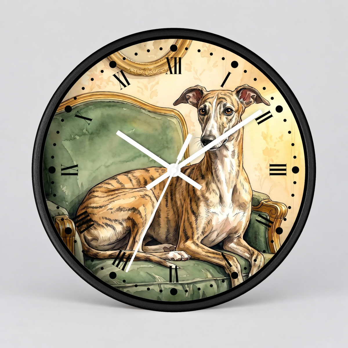 Round wall clock with a black frame and a vintage-style illustration of a greyhound lying on an upholstered chair. The clock face is cream with black Roman numerals and white clock hands, shown against a light gray studio background.